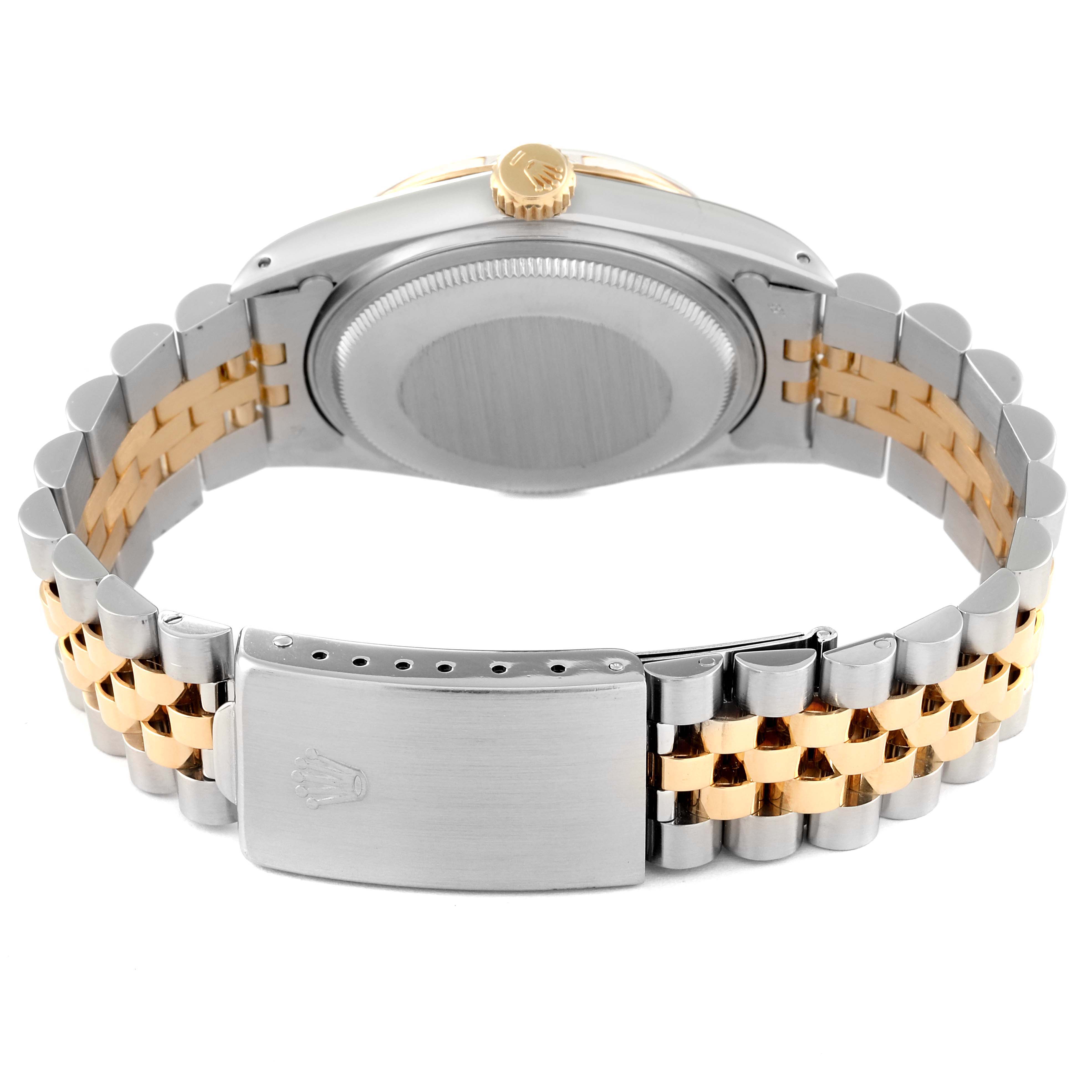 This image shows the back view of a Rolex Vintage Collection 16013 Men's Steel and Gold (two tone) Silver Dial 16013 Men's Steel and Gold (two tone) Silver Dial watch, highlighting its dual-tone metal bracelet and clasp.