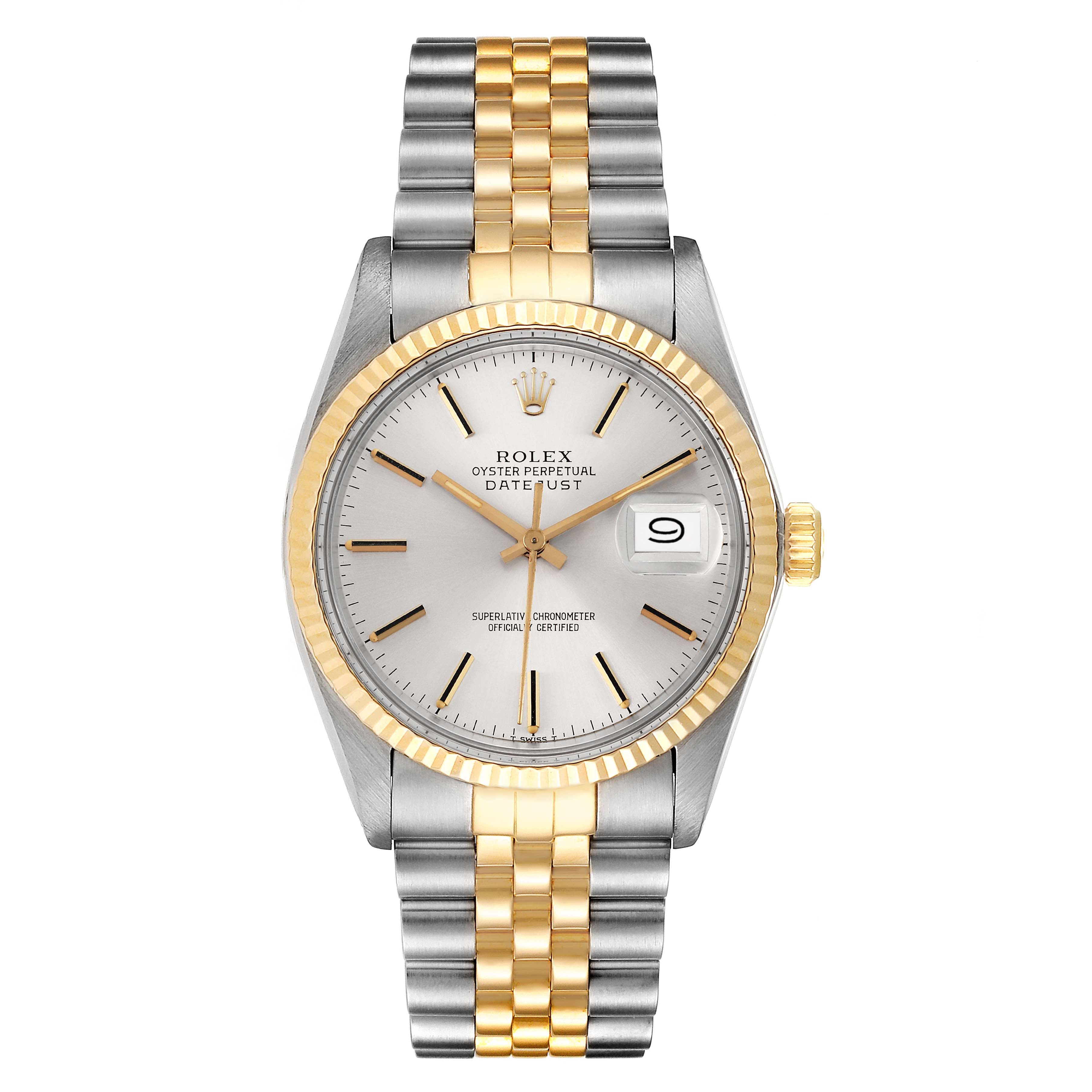 This image shows a front view of the Rolex Vintage Collection 16013 Men's Steel and Gold (two tone) Silver Dial 16013 Men's Steel and Gold (two tone) Silver Dial Datejust watch, highlighting its two-tone band, gold bezel, and date window.