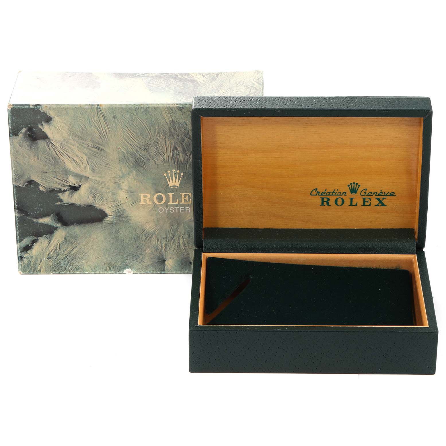 The image shows an open Rolex Vintage Collection 16013 Men's Steel and Gold (two tone) Silver Dial 16013 Men's Steel and Gold (two tone) Silver Dial watch box and its outer packaging from a front angle.