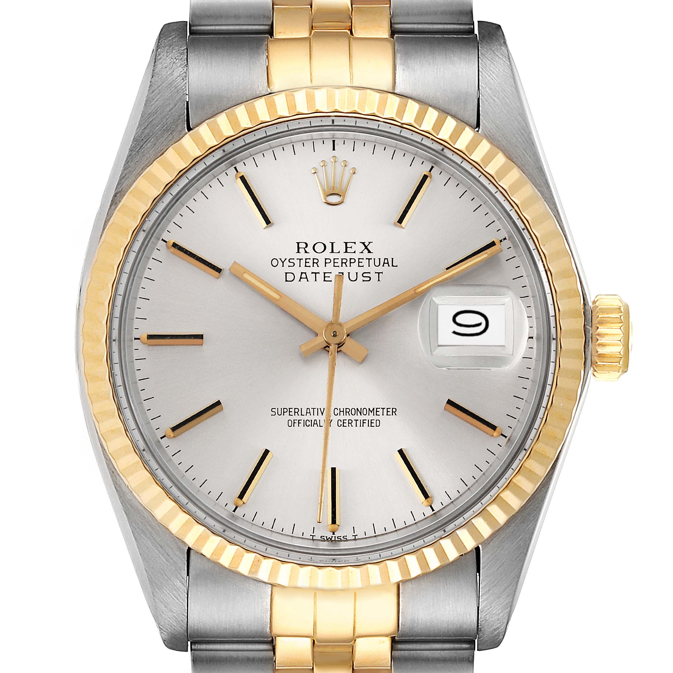 This image shows the Rolex Vintage Collection 16013 Men's Steel and Gold (two tone) Silver Dial 16013 Men's Steel and Gold (two tone) Silver Dial Datejust watch from a front view, highlighting its dial, hands, bezel, and part of the bracelet.