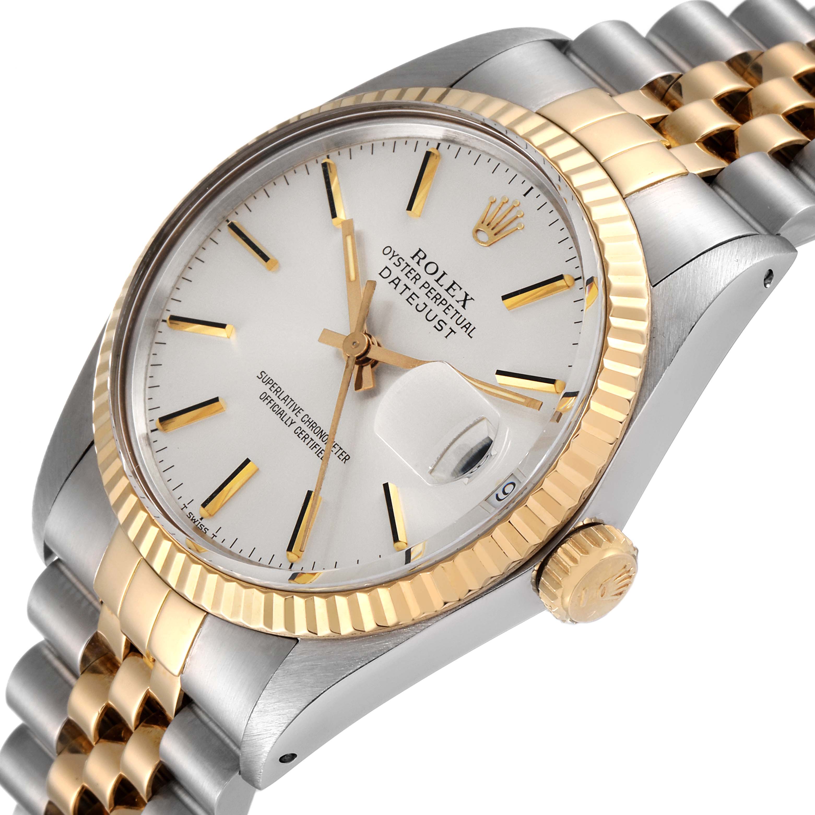 The Rolex Vintage Collection 16013 Men's Steel and Gold (two tone) Silver Dial 16013 Men's Steel and Gold (two tone) Silver Dial model is shown at an angled close-up, highlighting the dial, crown, and bracelet.