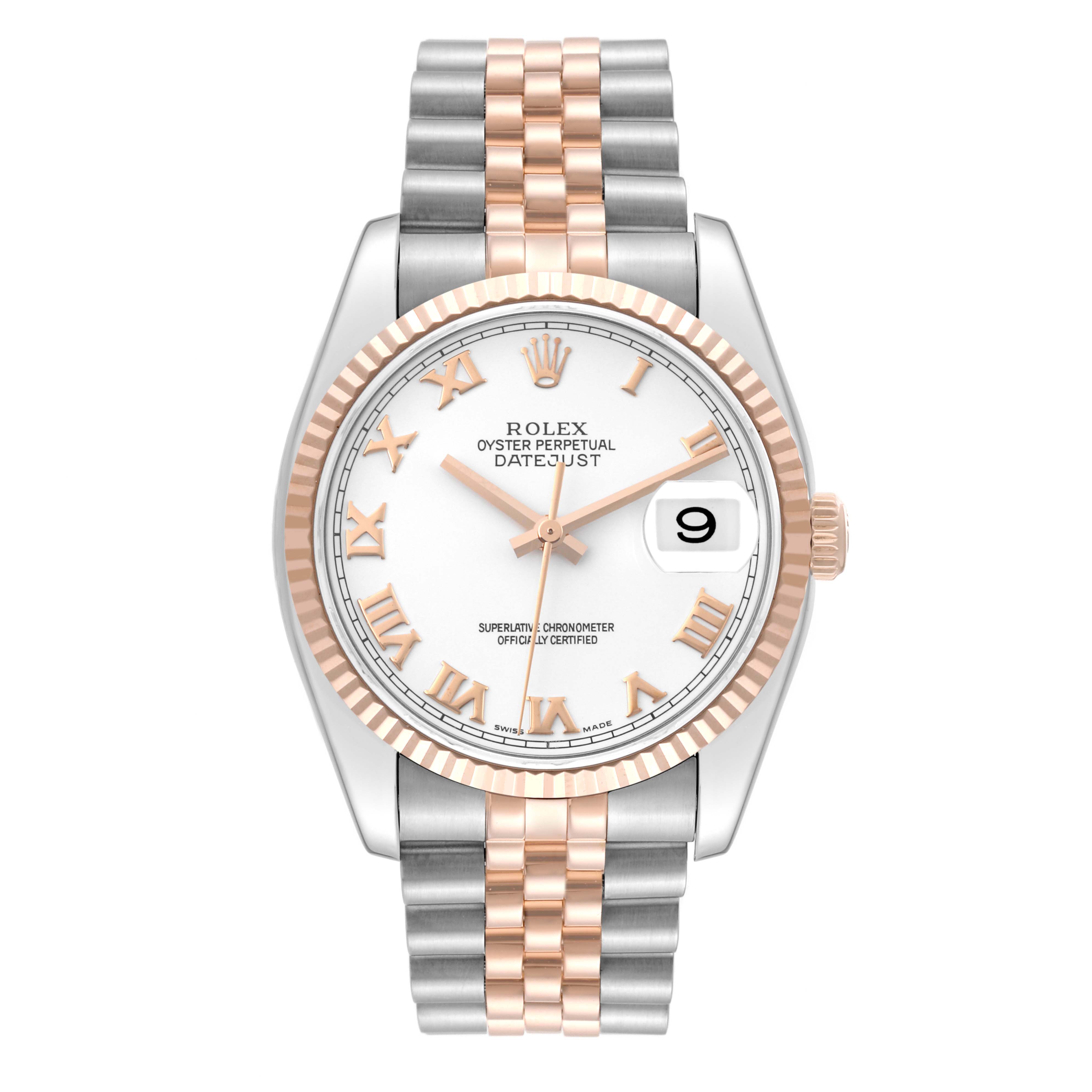 This Rolex Datejust 116231 Men's Steel and Gold (two tone) White Dial 116231 Men's Steel and Gold (two tone) White Dial watch is shown from the front, displaying its face, bezel, crown, and bracelet.