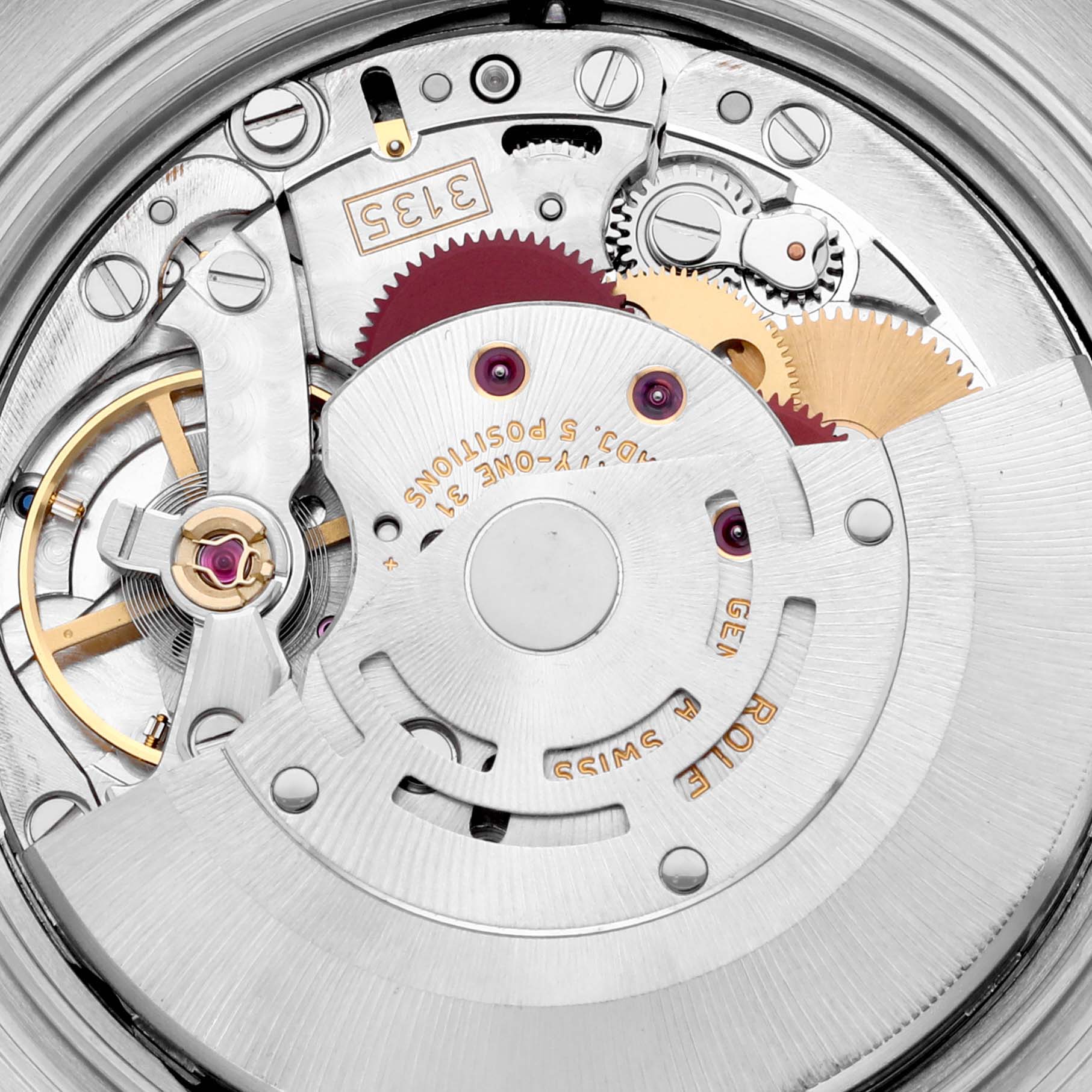 Close-up view of the Rolex Datejust 116231 Men's Steel and Gold (two tone) White Dial 116231 Men's Steel and Gold (two tone) White Dial watch movement, showcasing gears and intricate internal components.