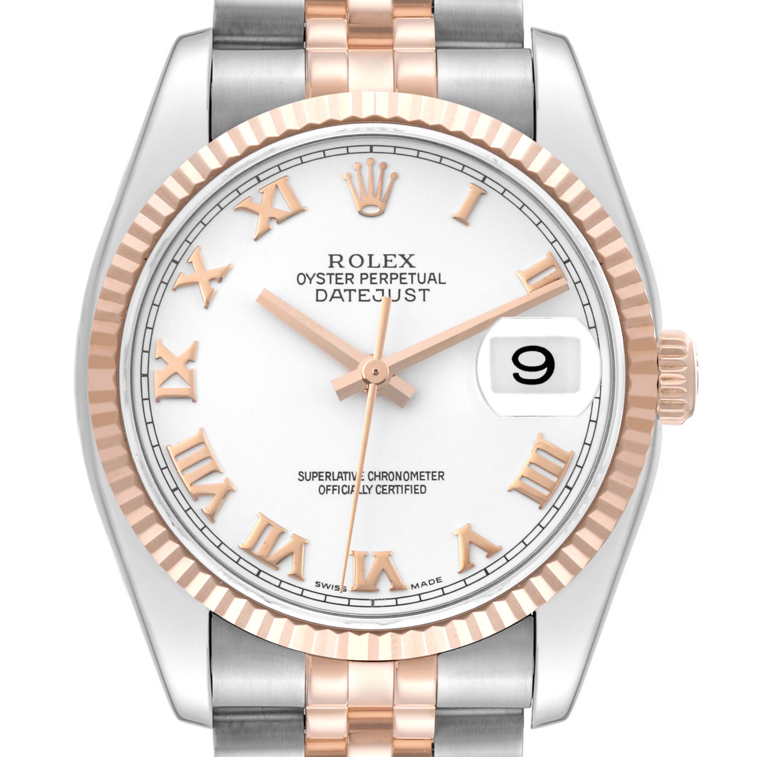 The image shows a close-up of the Rolex Datejust 116231 Men's Steel and Gold (two tone) White Dial 116231 Men's Steel and Gold (two tone) White Dial watch, focusing on the dial, bezel, and part of the bracelet.
