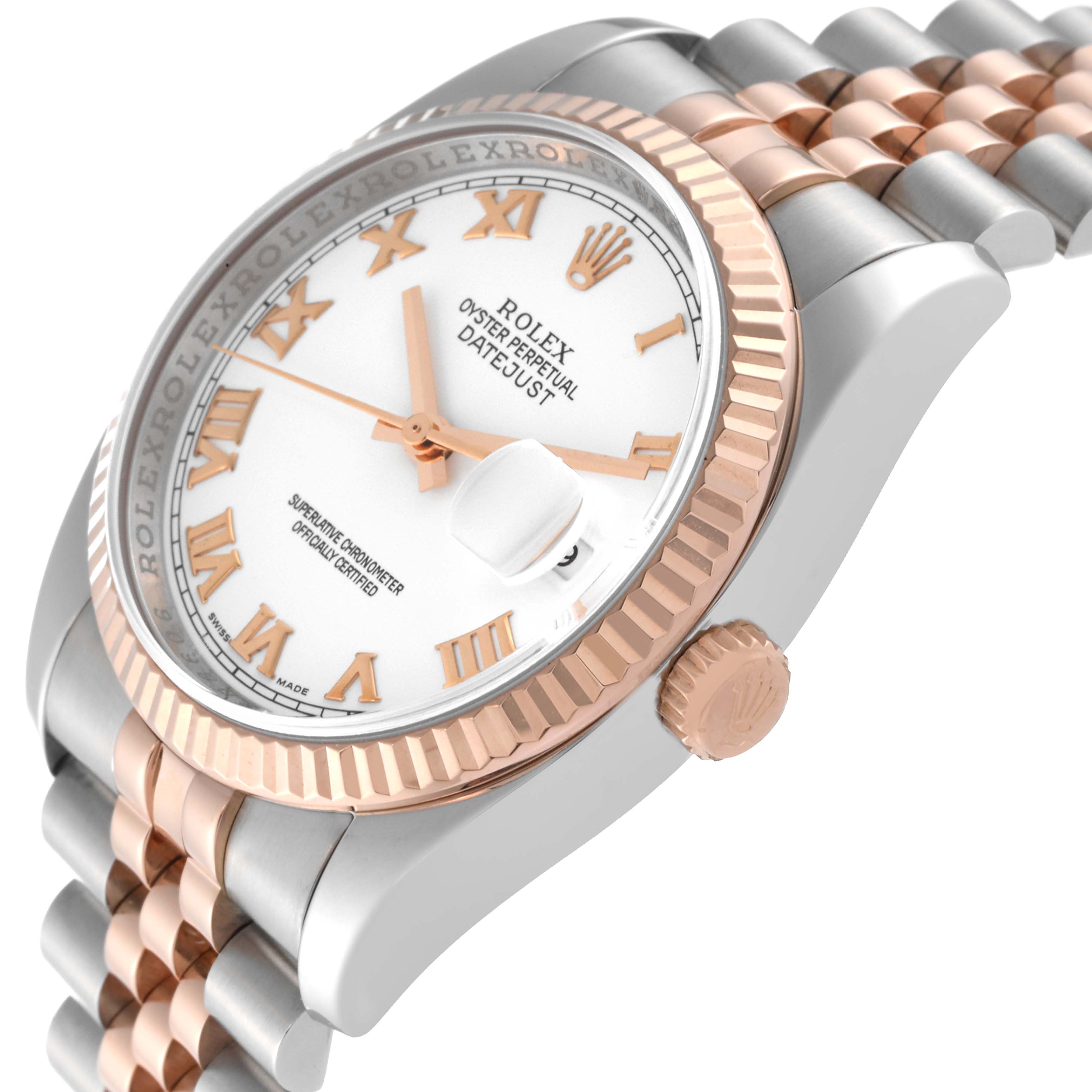 The image shows a side and partial front view of a Rolex Datejust 116231 Men's Steel and Gold (two tone) White Dial 116231 Men's Steel and Gold (two tone) White Dial watch, highlighting its bezel, crown, and bracelet.