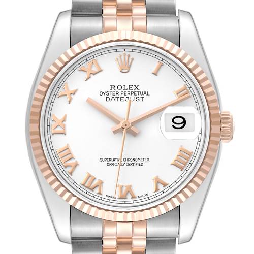 This image shows a front view of a Rolex Datejust watch, highlighting the face, bezel, crown, and part of the bracelet.