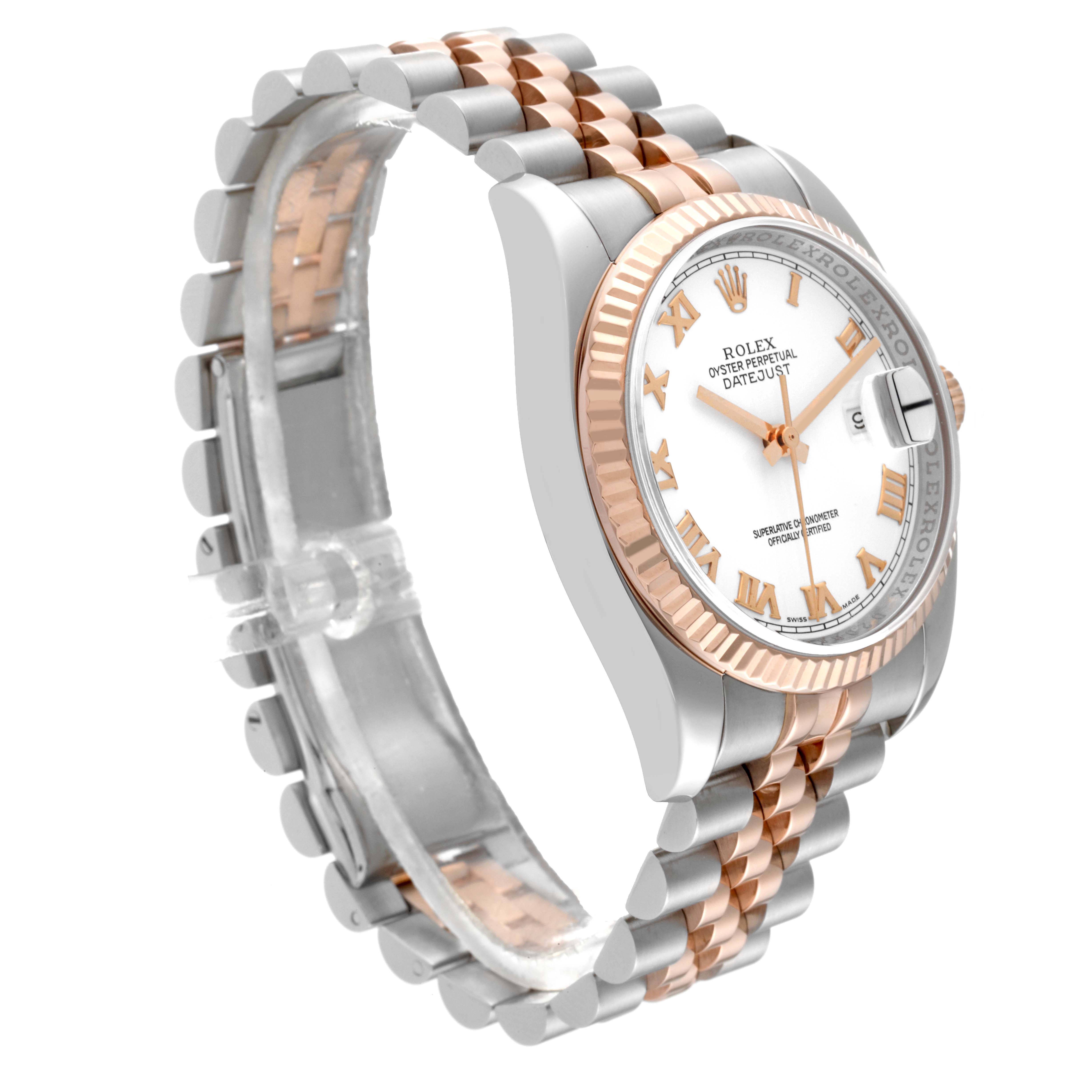 The image shows a Rolex Datejust 116231 Men's Steel and Gold (two tone) White Dial 116231 Men's Steel and Gold (two tone) White Dial watch angled from the side, highlighting its two-tone jubilee bracelet and fluted bezel.