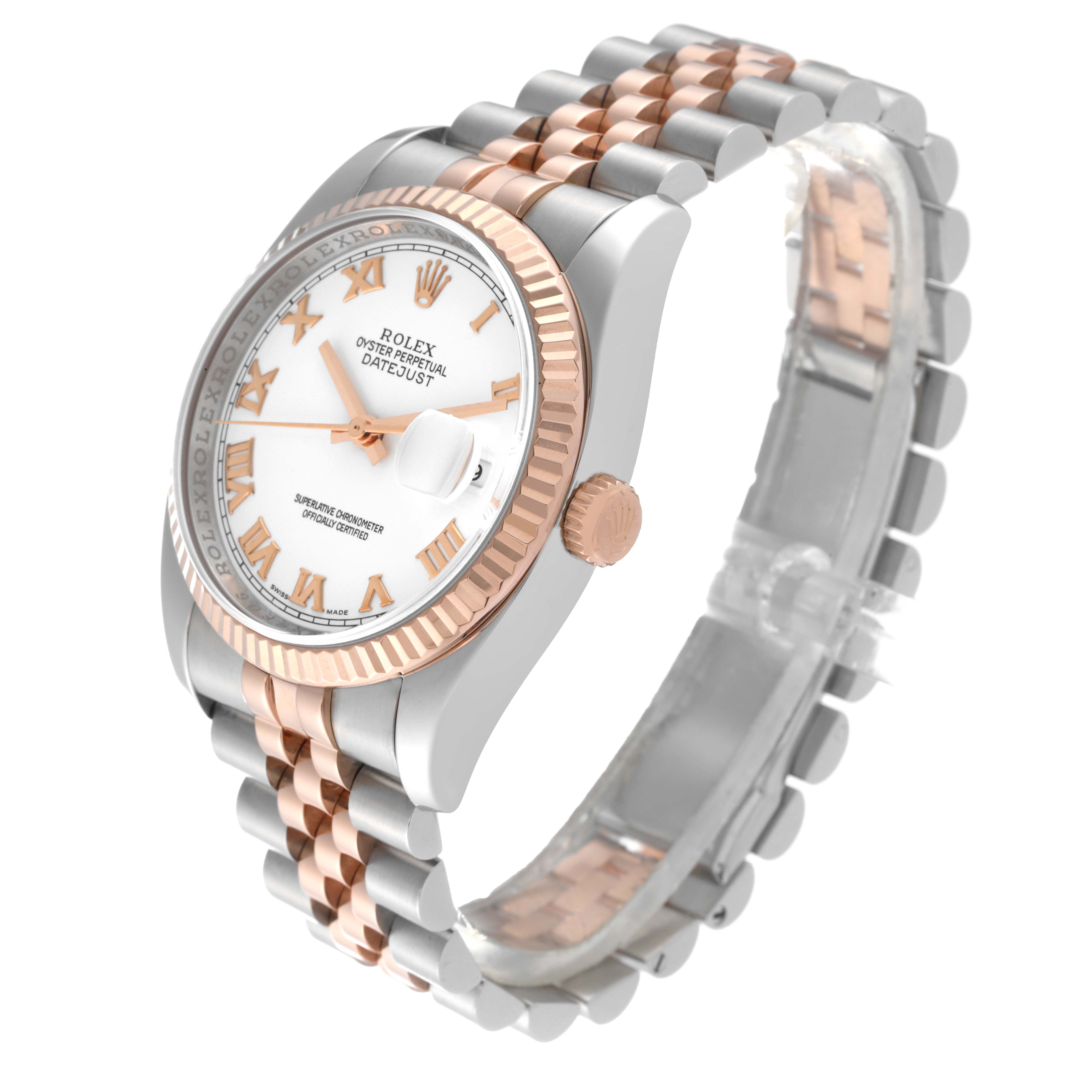 The image shows a Rolex Datejust 116231 Men's Steel and Gold (two tone) White Dial 116231 Men's Steel and Gold (two tone) White Dial watch angled from the front-left, highlighting the dial, bezel, and bracelet.