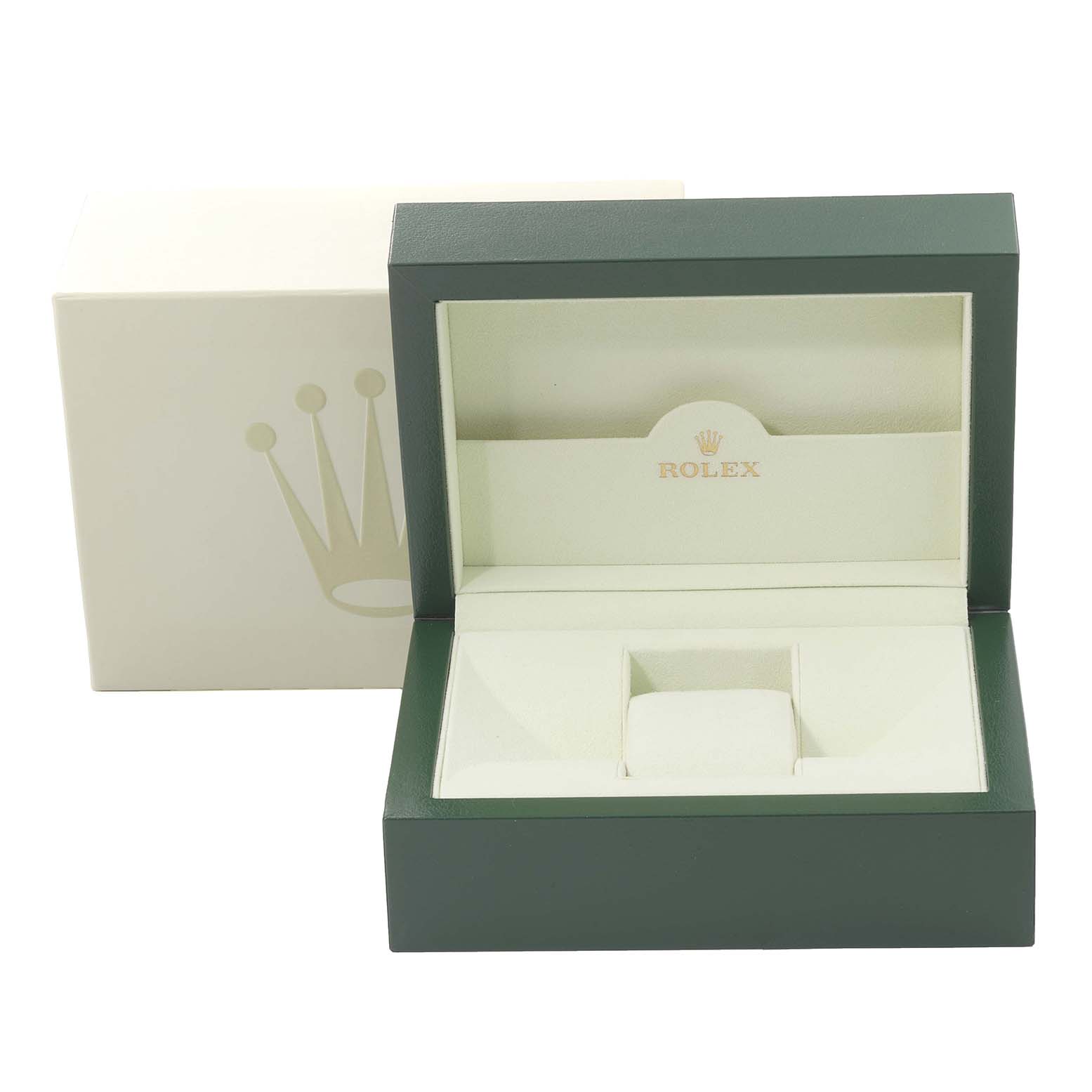 The image shows an empty Rolex Datejust 116231 Men's Steel and Gold (two tone) White Dial 116231 Men's Steel and Gold (two tone) White Dial watch box with a green outer cover.