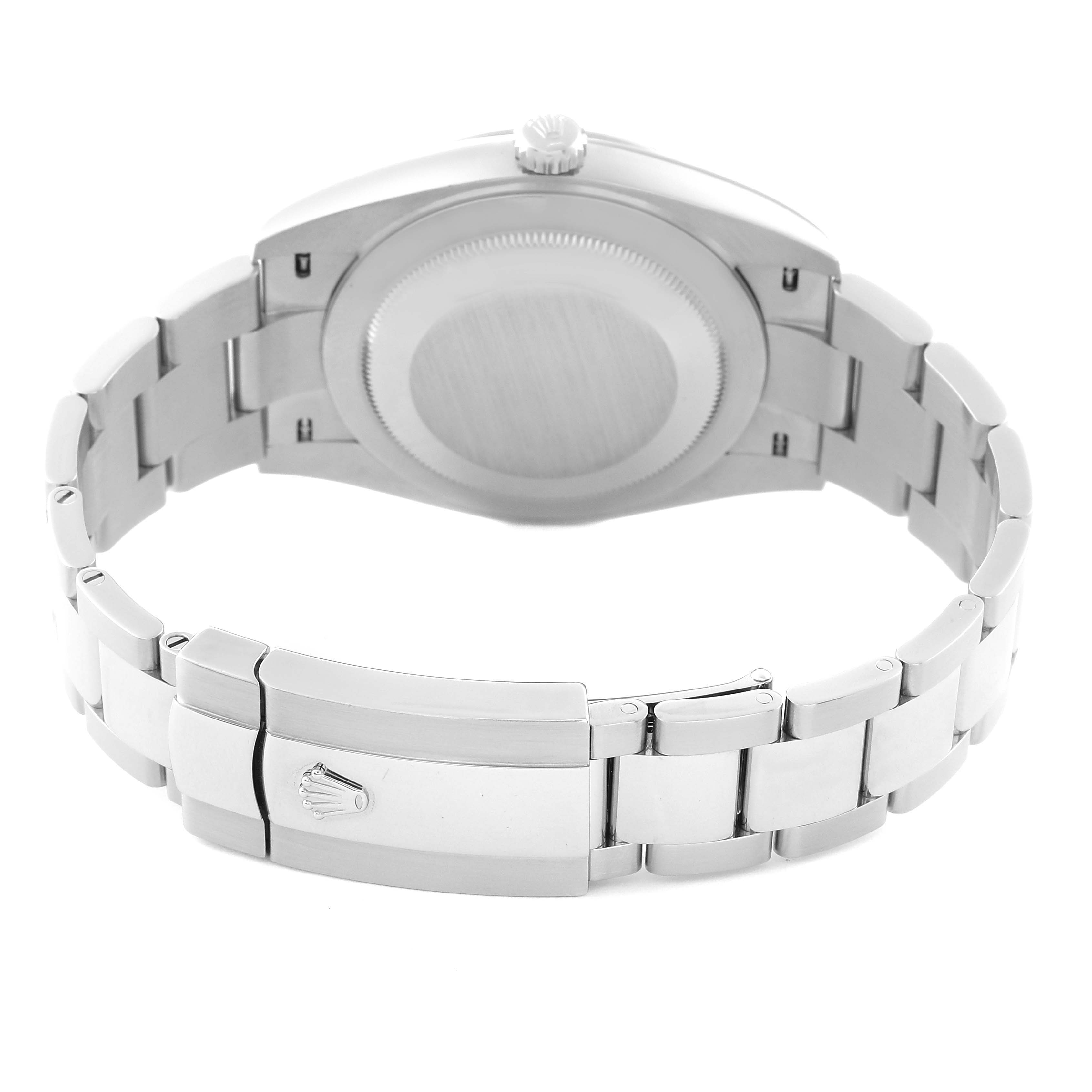 This is a rear view of the Rolex Datejust 41 126300 Men's Stainless Steel Grey Dial 126300 Men's Stainless Steel Grey Dial, showing the case back and bracelet with the clasp.