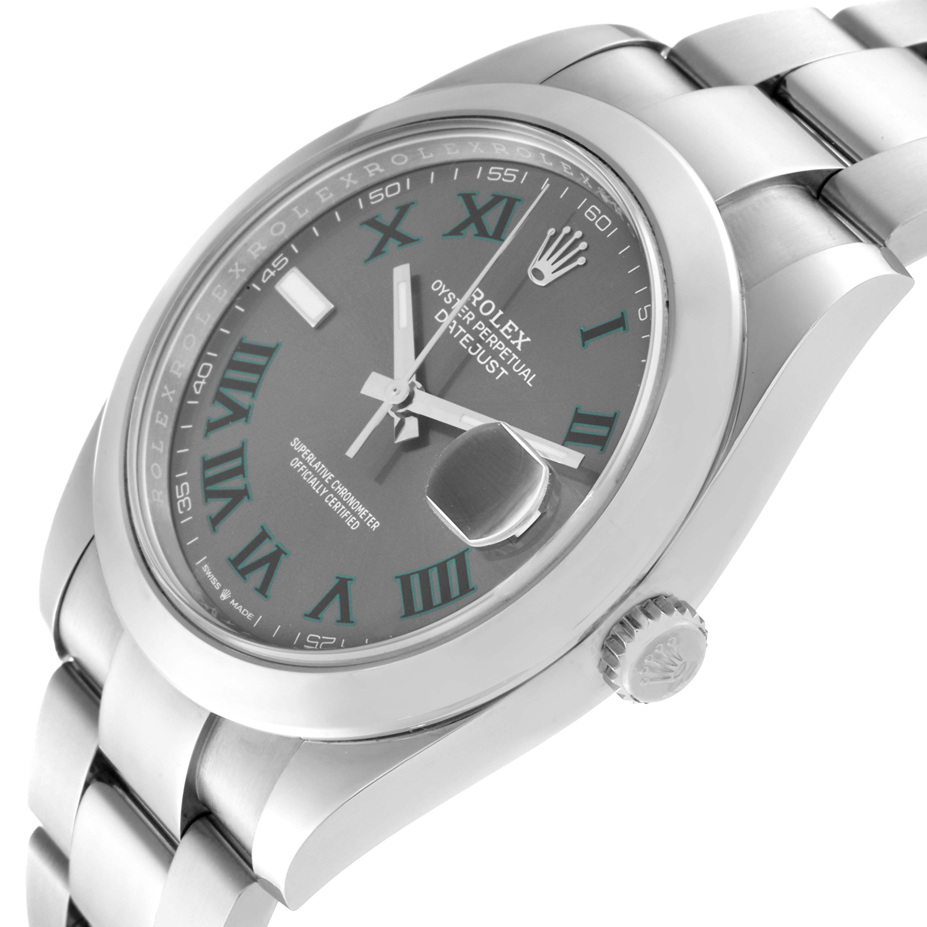 The image shows a Rolex Datejust 41 126300 Men's Stainless Steel Grey Dial 126300 Men's Stainless Steel Grey Dial watch from an angled side view, highlighting the dial, hands, crown, and part of the bracelet.