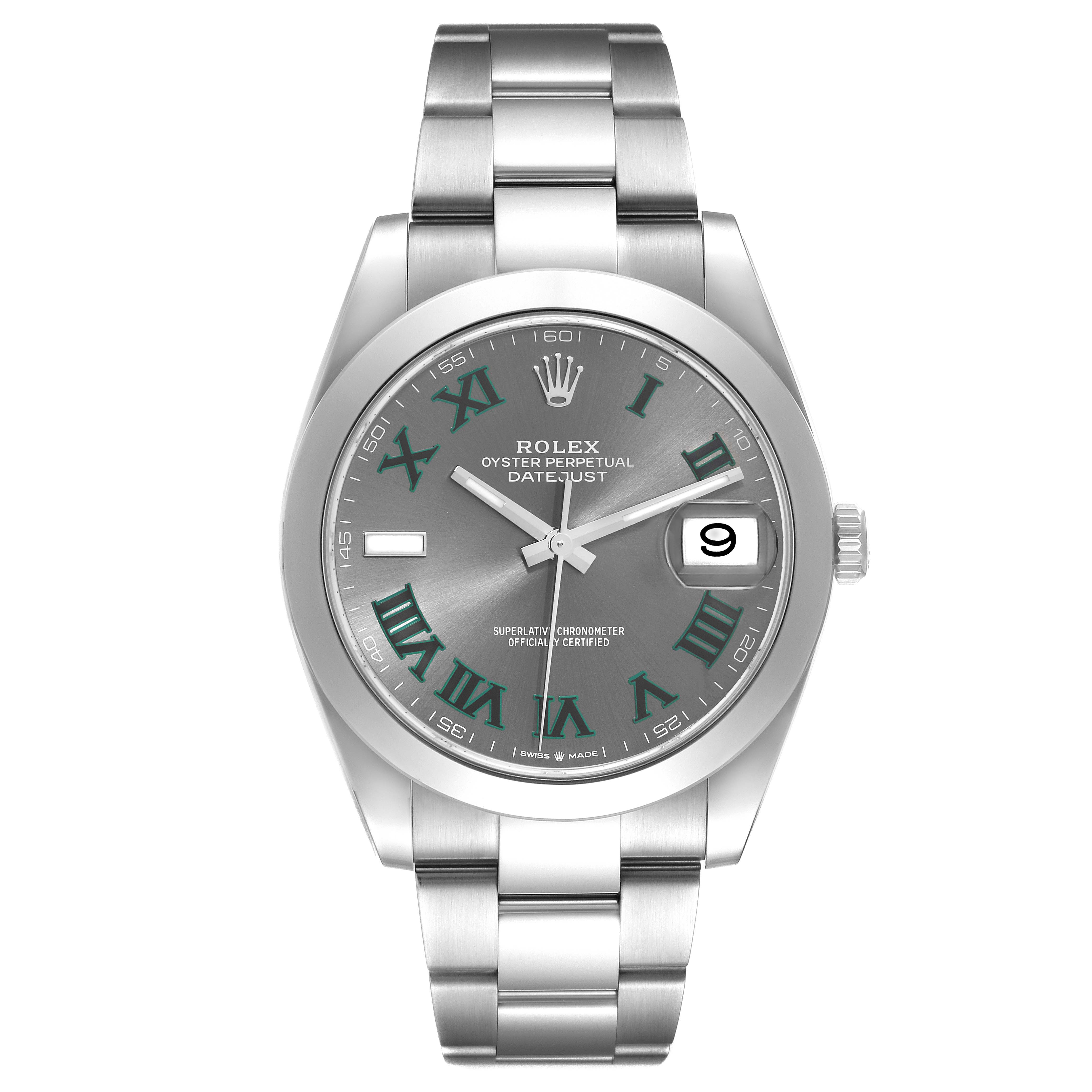 The Rolex Datejust 41 126300 Men's Stainless Steel Grey Dial 126300 Men's Stainless Steel Grey Dial model watch is shown from a front angle, displaying the full face, hands, dial, and bracelet.