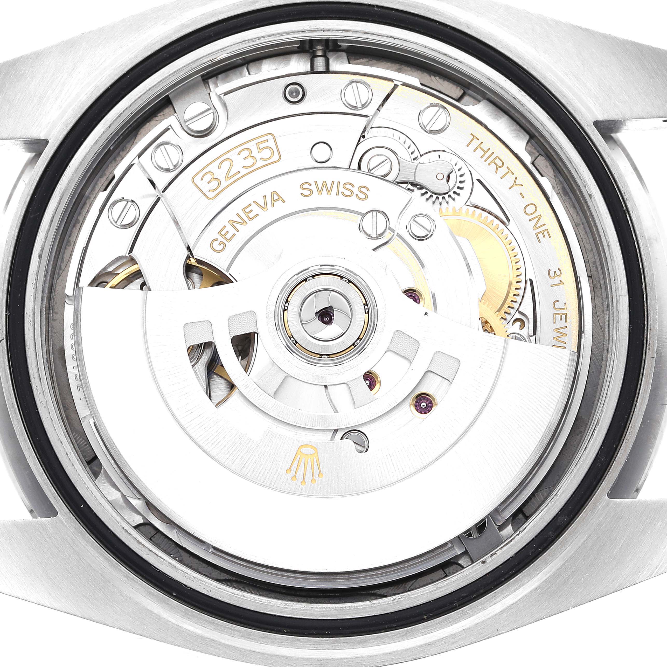 The image shows the back view of the movement mechanism of a Rolex Datejust 41 126300 Men's Stainless Steel Grey Dial 126300 Men's Stainless Steel Grey Dial watch, highlighting its intricate components.