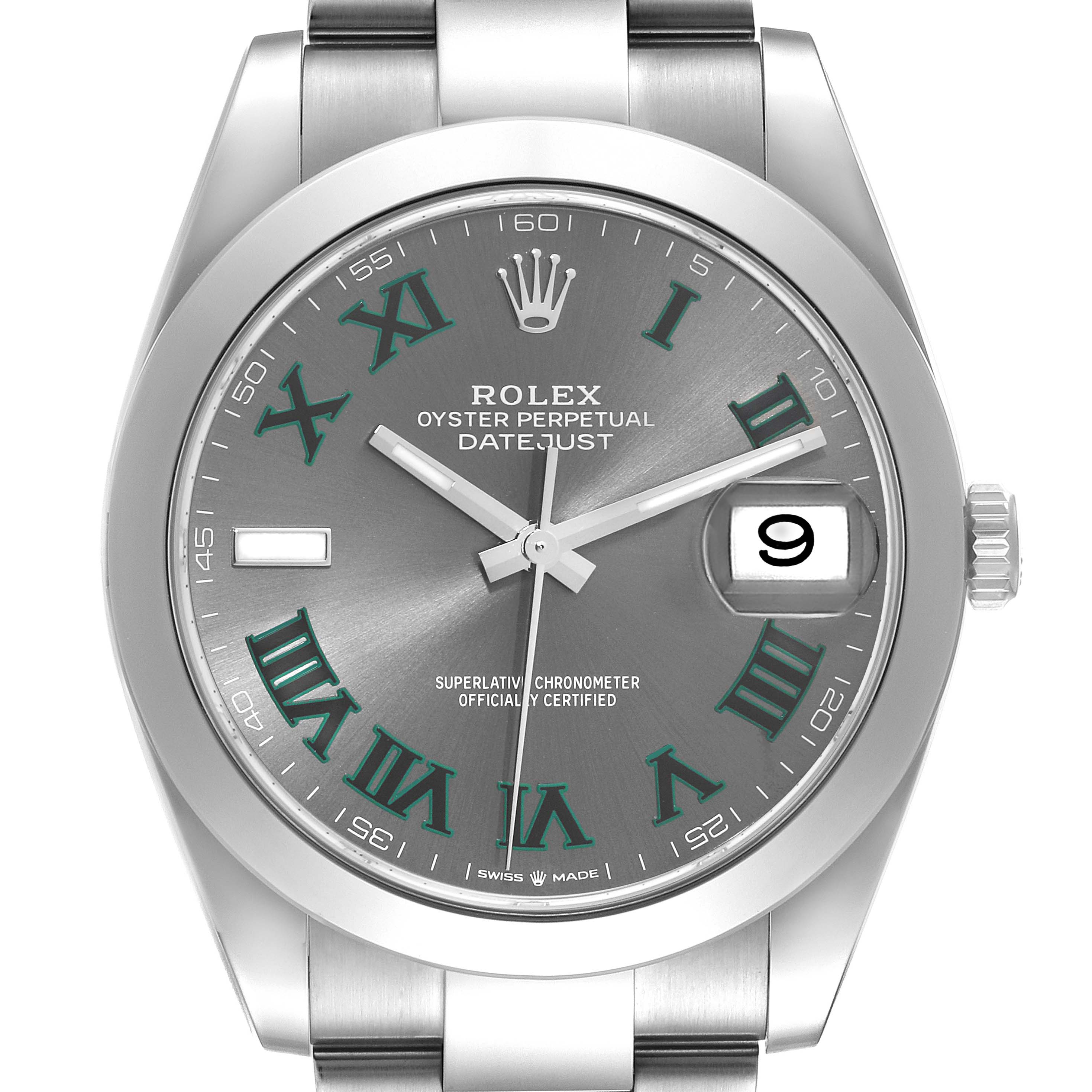 The image shows a frontal view of the Rolex Datejust 41 126300 Men's Stainless Steel Grey Dial 126300 Men's Stainless Steel Grey Dial watch, highlighting its dial, hands, and bracelet.
