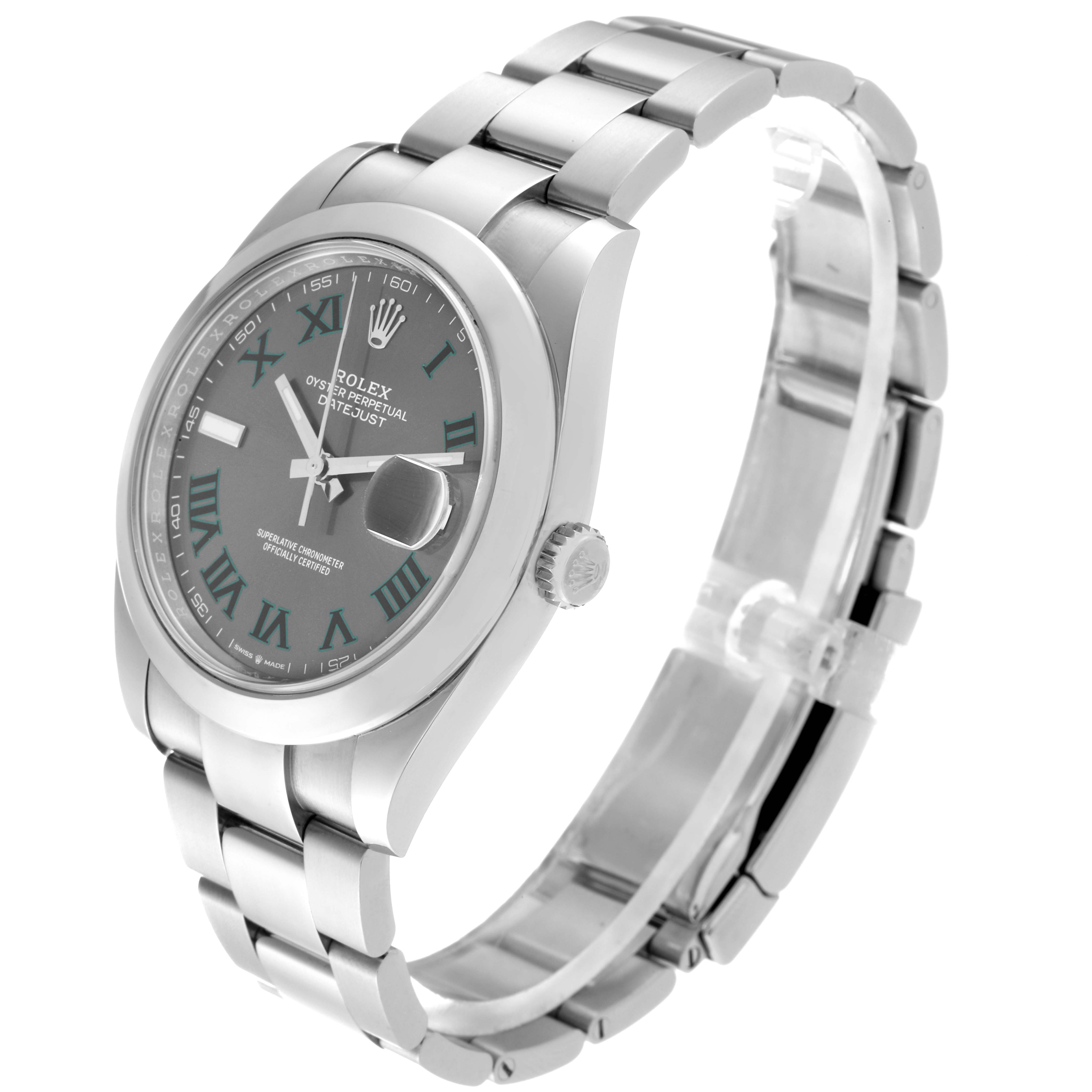The image shows a side view of the Rolex Datejust 41 126300 Men's Stainless Steel Grey Dial 126300 Men's Stainless Steel Grey Dial watch, displaying its face, case, crown, and bracelet.