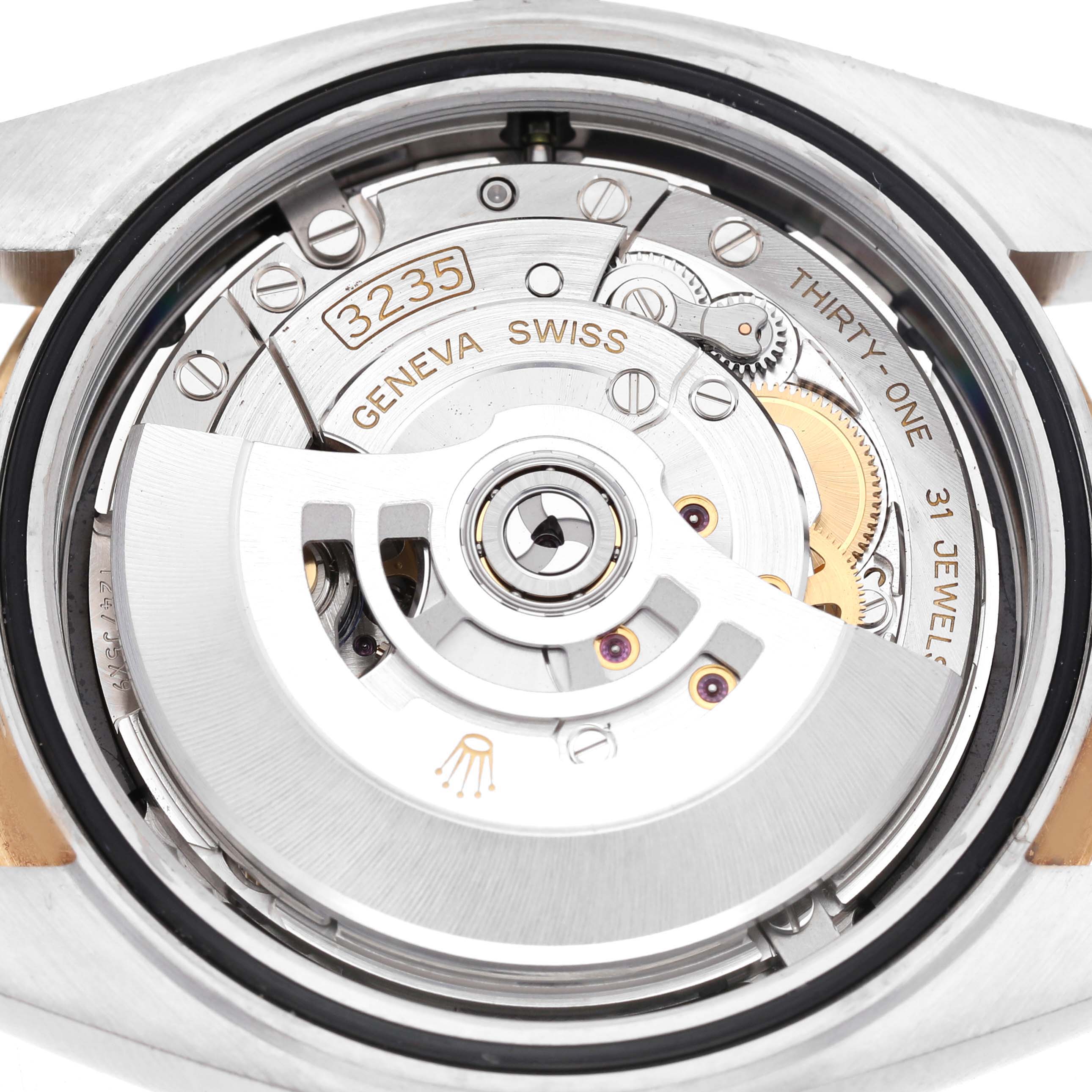 The image shows the movement of a Rolex Datejust 41 126333 Men's Steel and Gold (two tone) Black Dial from the back, highlighting the caliber 3235 and internal components.
