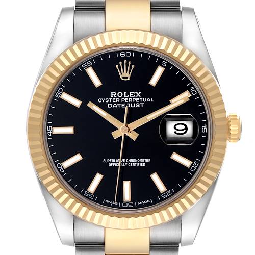 The Rolex Datejust 41 126333 Men's Steel and Gold (two tone) Black Dial is shown from a frontal angle, highlighting the fluted bezel, black dial, and gold hour markers.
