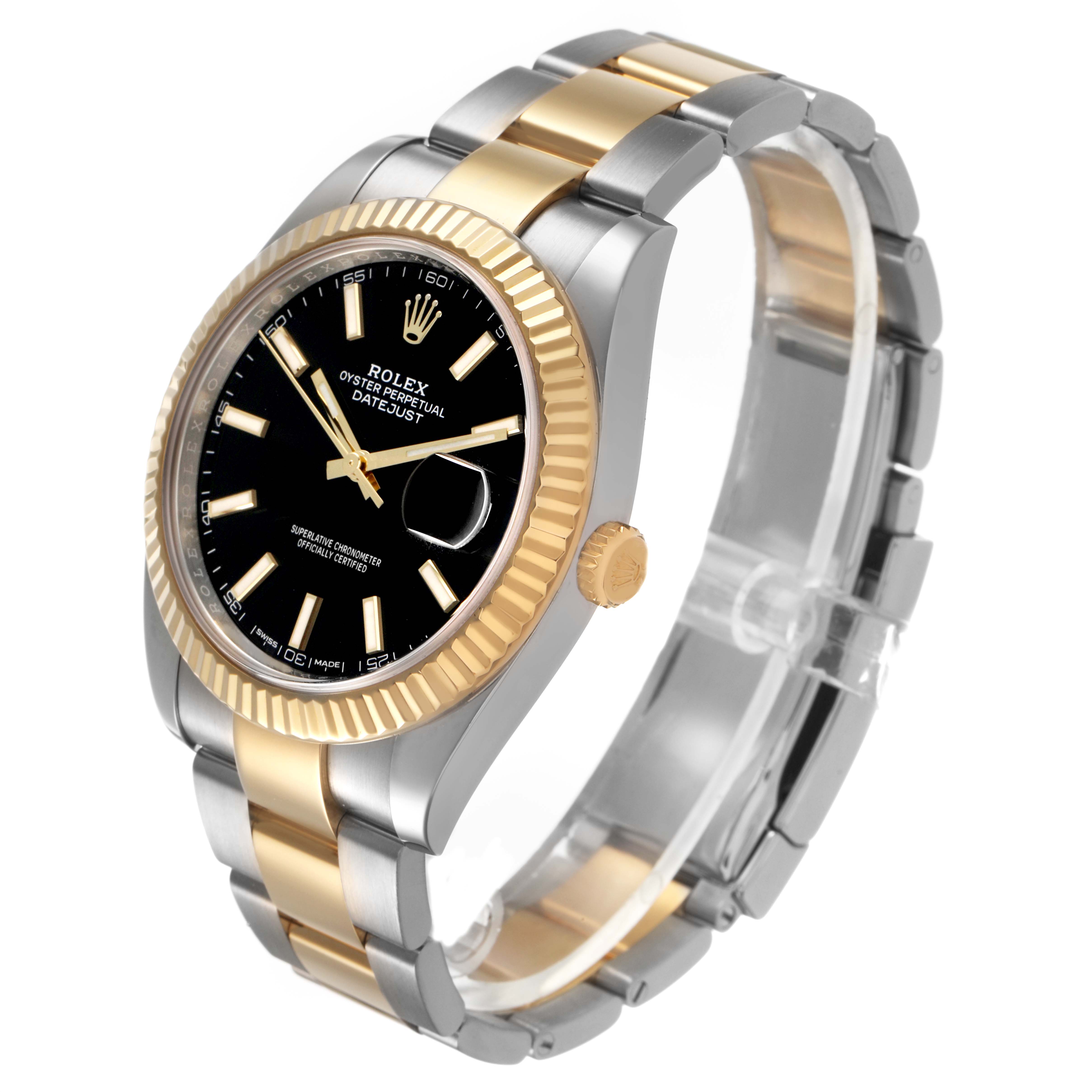 The Rolex Datejust 41 126333 Men's Steel and Gold (two tone) Black Dial watch is shown at a three-quarter angle, highlighting the black dial, fluted bezel, and two-tone bracelet.