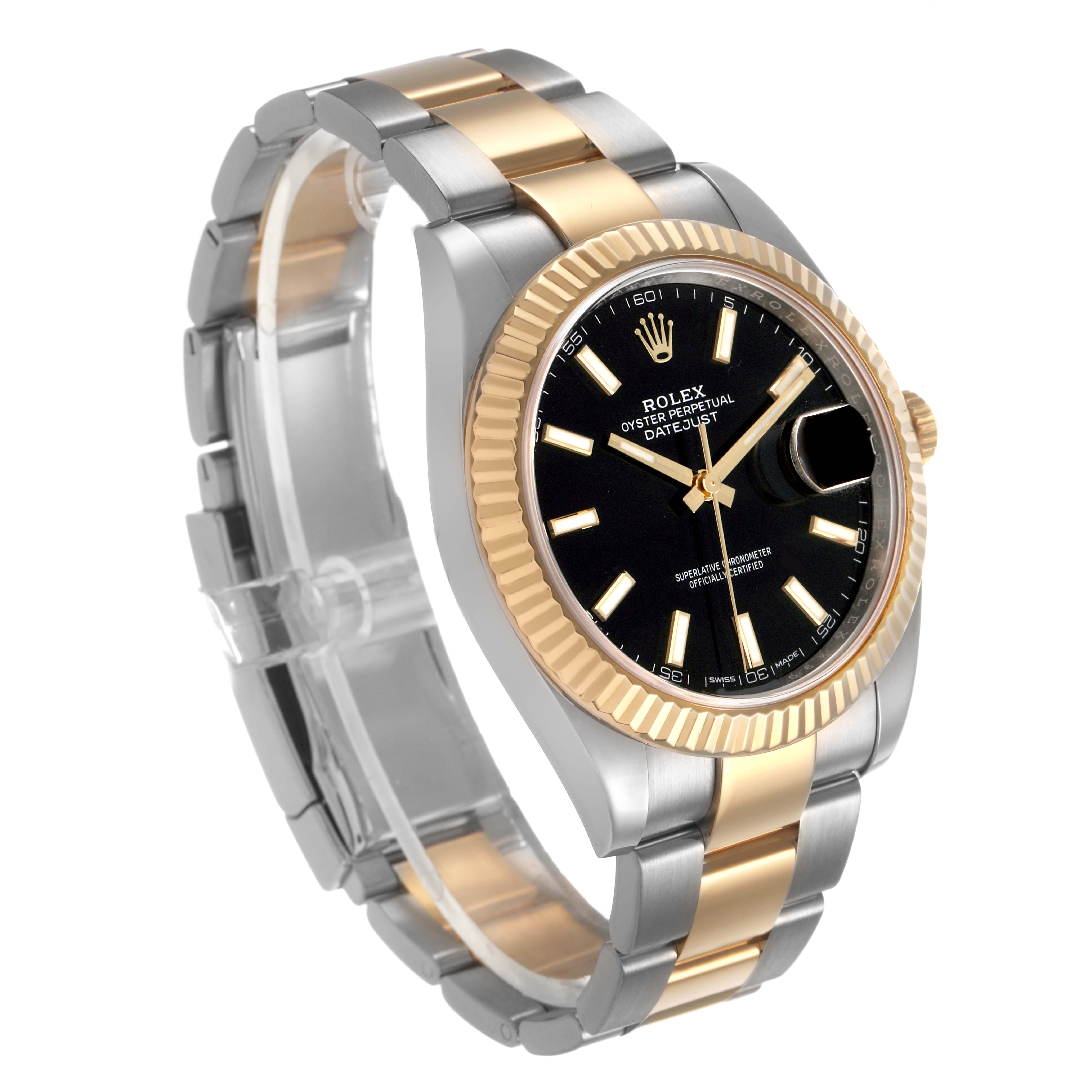 The Rolex Datejust 41 126333 Men's Steel and Gold (two tone) Black Dial is shown at a three-quarter angle, highlighting the face, bezel, and two-tone bracelet.