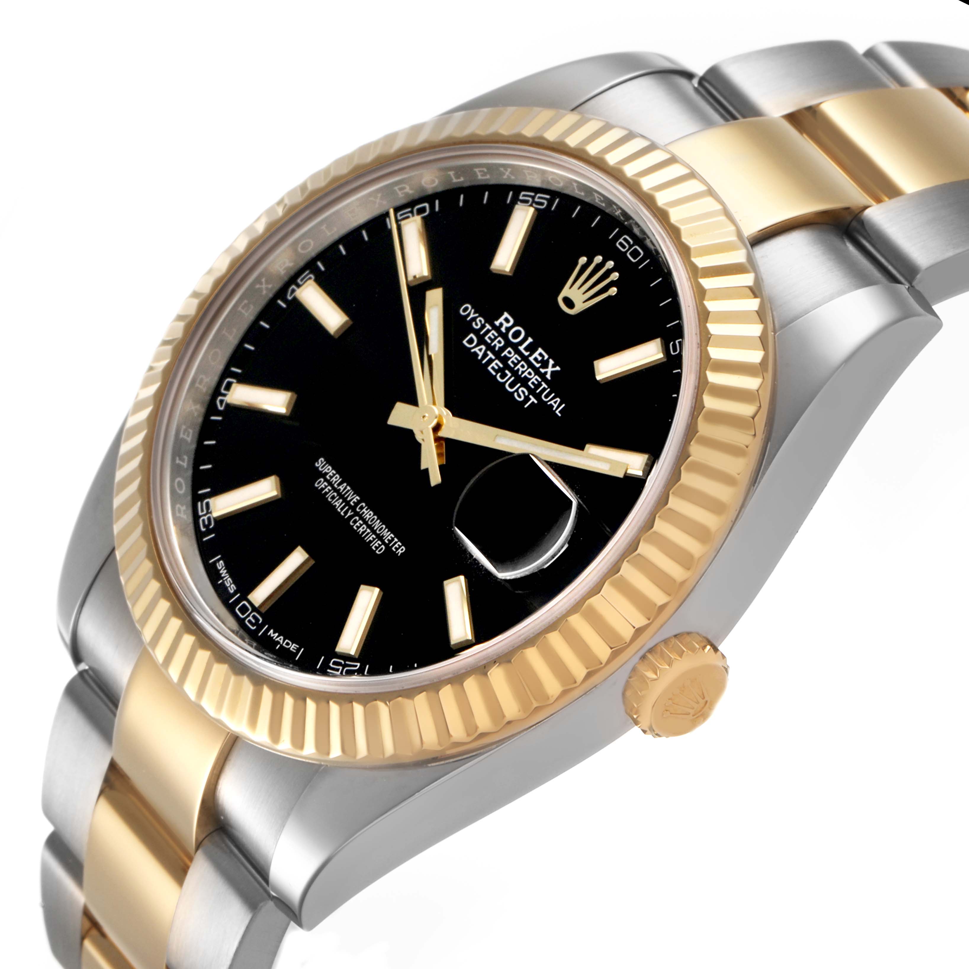 The Rolex Datejust 41 126333 Men's Steel and Gold (two tone) Black Dial is shown at a slight angle, highlighting its gold fluted bezel, black dial, bracelet, and crown.