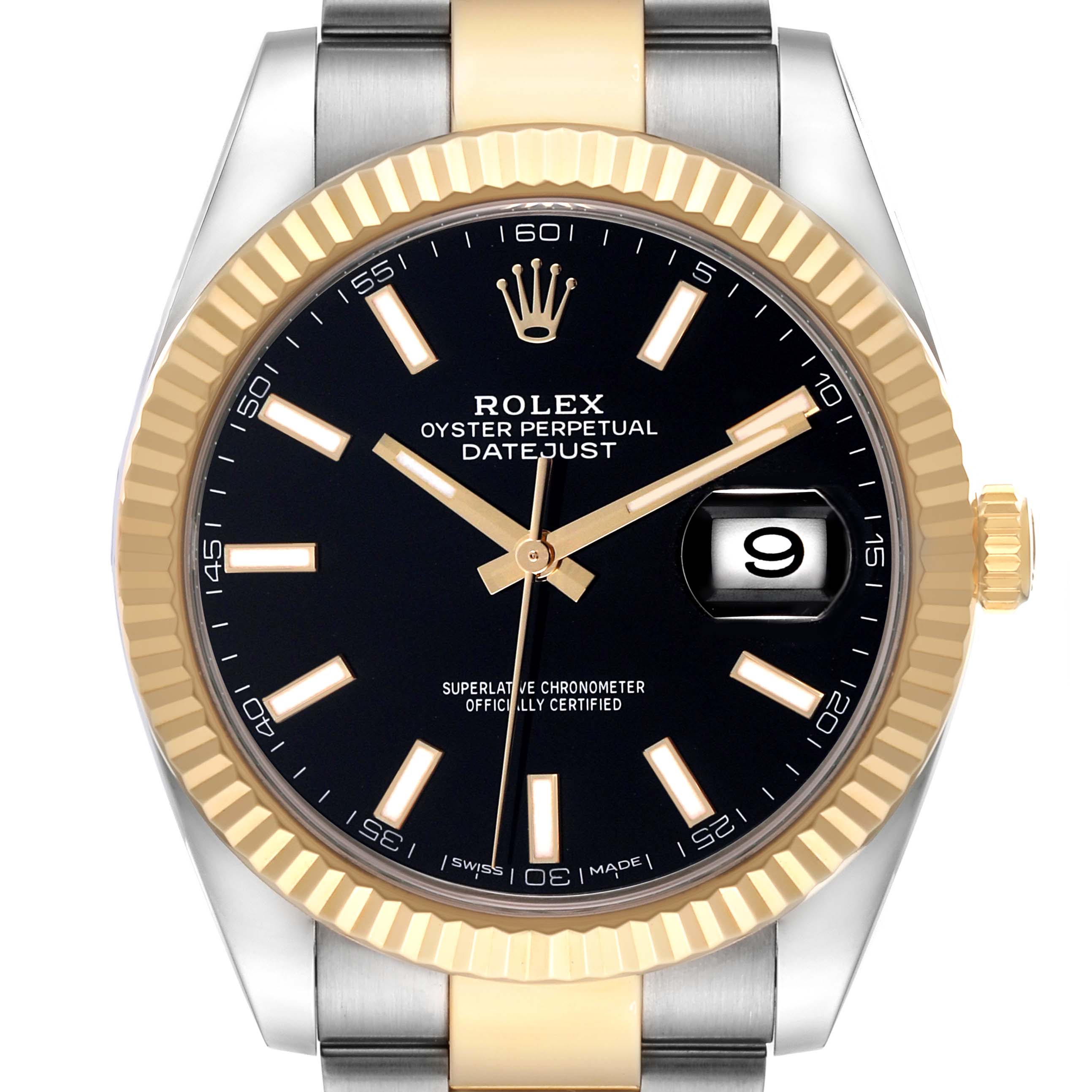 The Rolex Datejust 41 126333 Men's Steel and Gold (two tone) Black Dial watch is shown from the front, highlighting the bezel, dial, and bracelet.