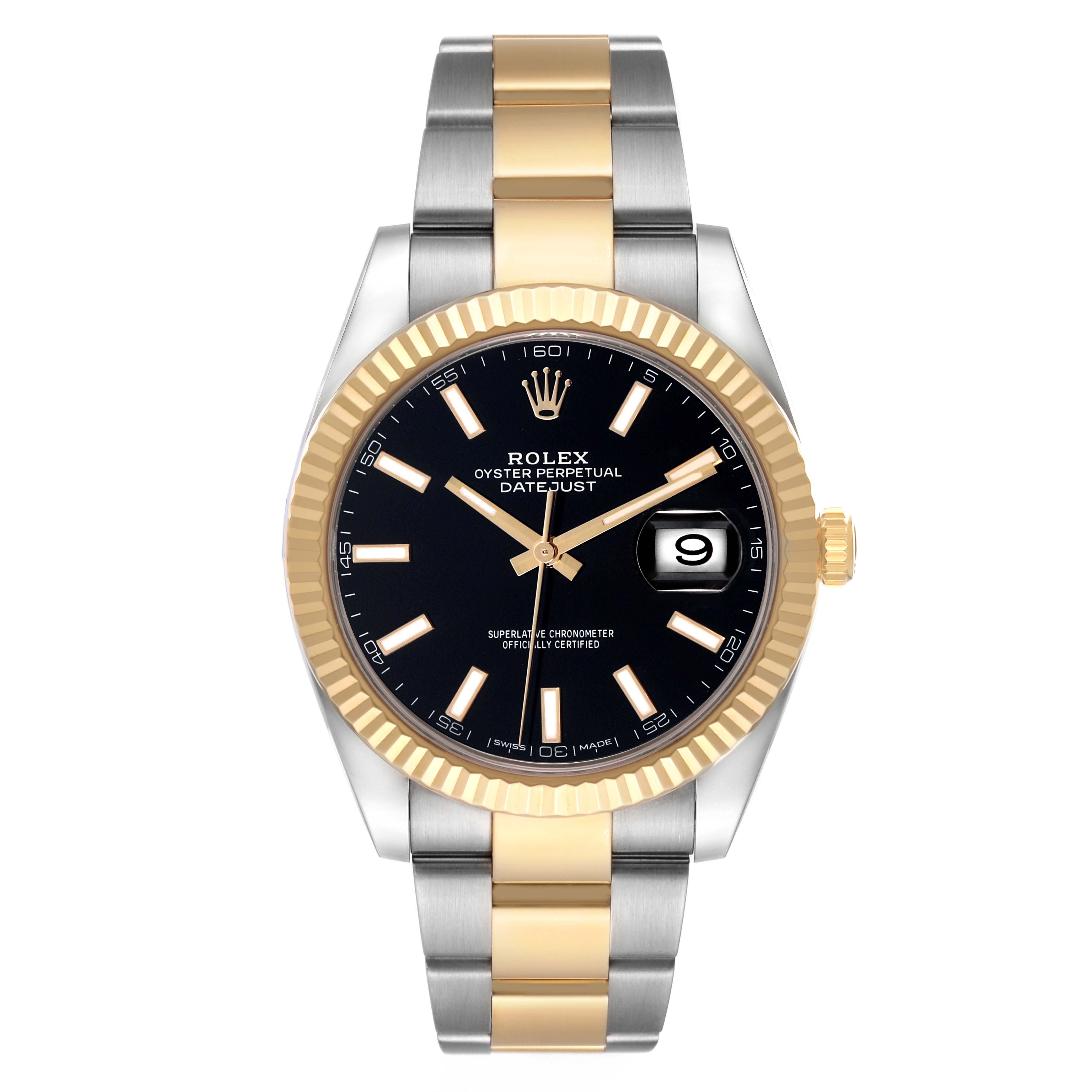 This Rolex Datejust 41 126333 Men's Steel and Gold (two tone) Black Dial watch is shown from the front, displaying the dial, bezel, case, and two-tone bracelet.