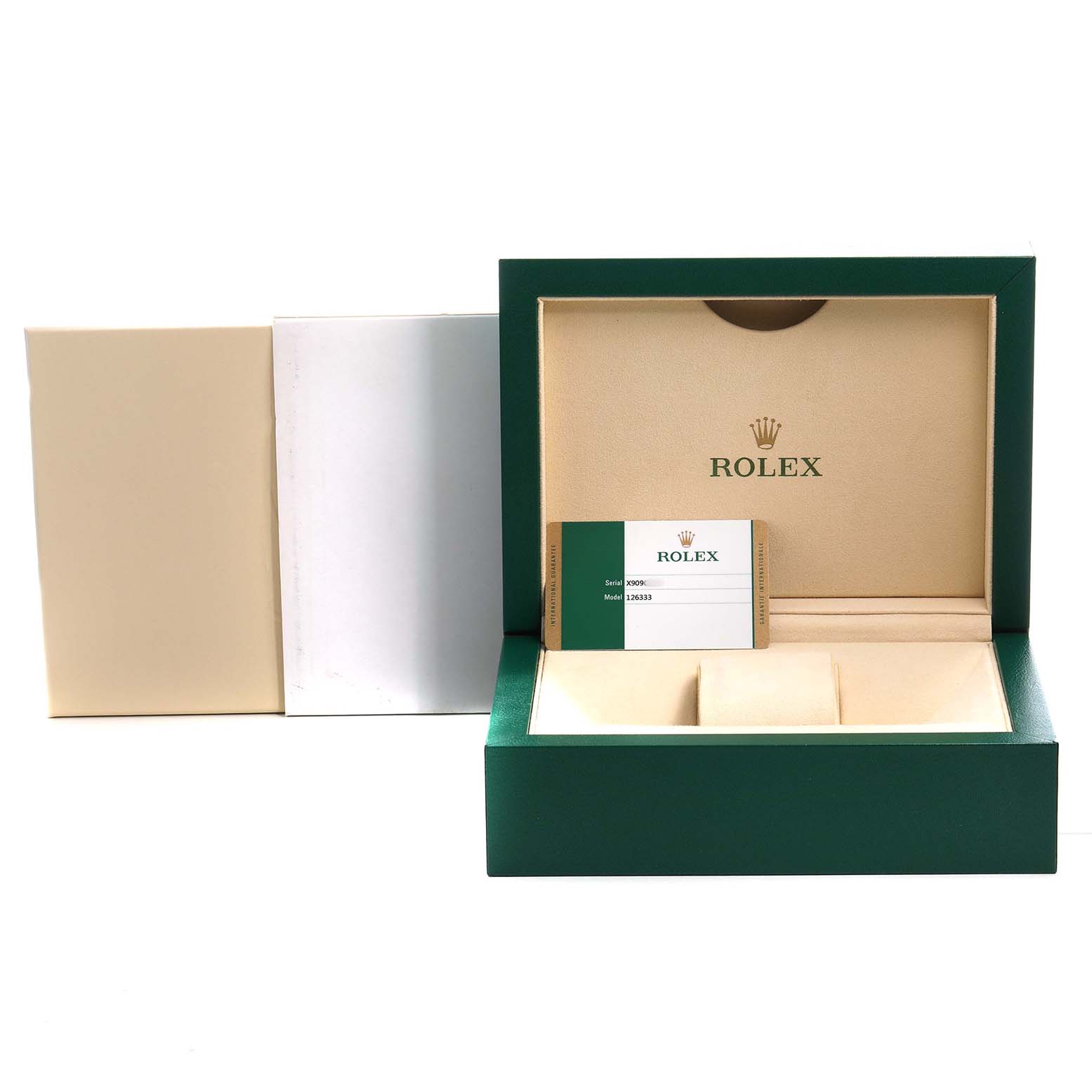 The image shows the open box and warranty card for a Rolex Datejust 41 126333 Men's Steel and Gold (two tone) Black Dial watch.