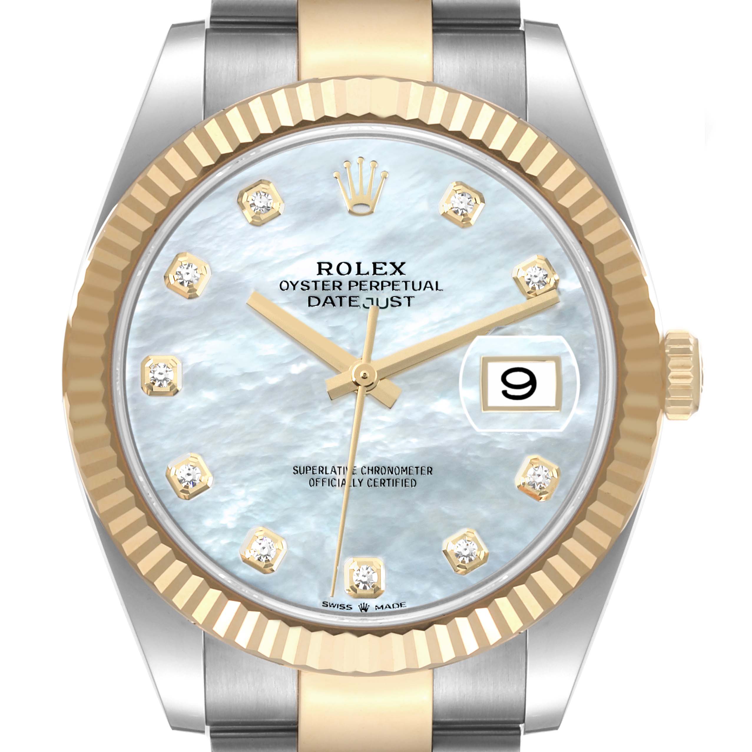 This Rolex Datejust 41 126333 Men's Steel and Gold (two tone) Mother of Pearl Dial 126333 Men's Steel and Gold (two tone) Mother of Pearl Dial model is shown from a front angle, highlighting the watch face, bezel, and part of the bracelet.