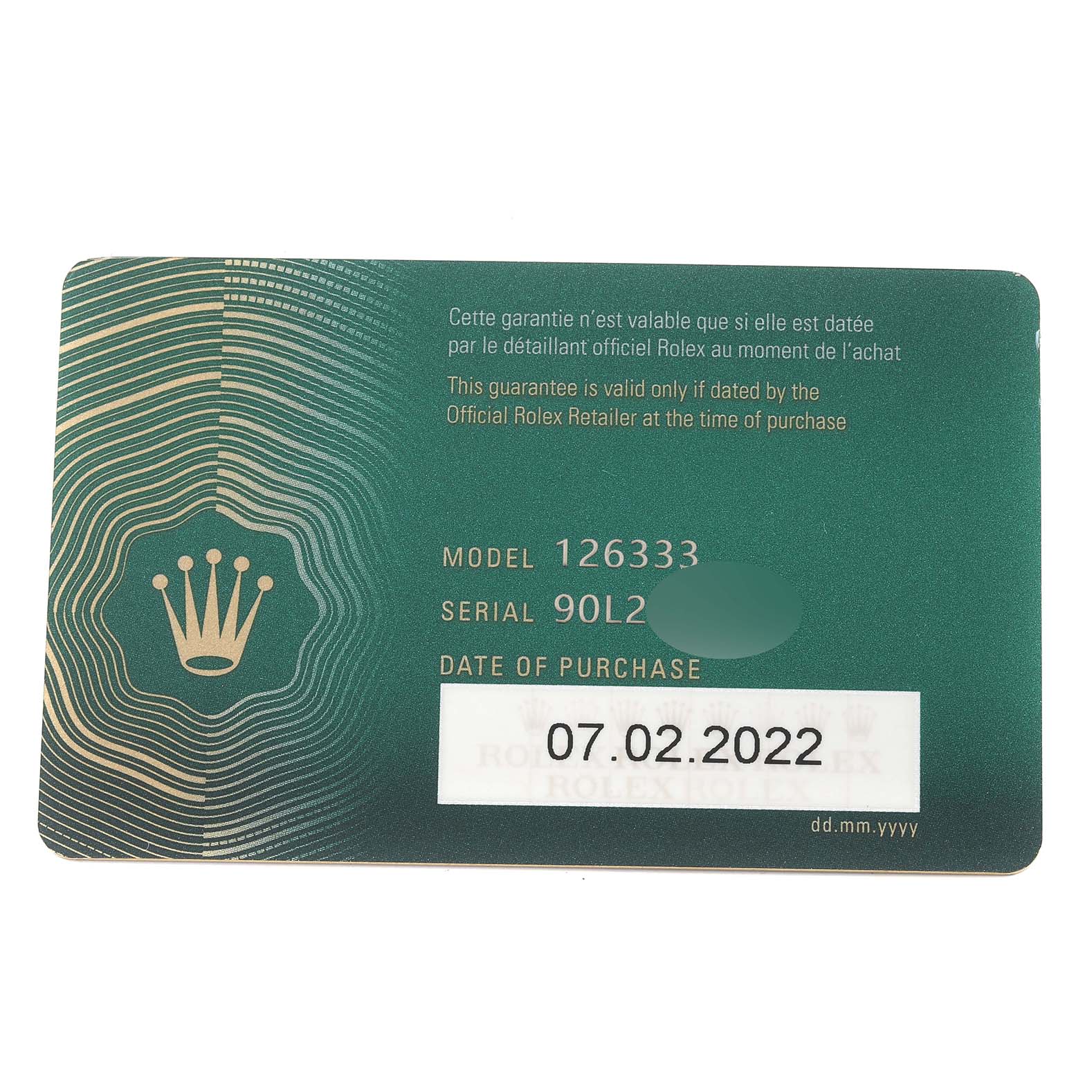 This image shows a warranty card for the Rolex Datejust 41 126333 Men's Steel and Gold (two tone) Mother of Pearl Dial 126333 Men's Steel and Gold (two tone) Mother of Pearl Dial model, displaying the model number, serial number, and purchase date.