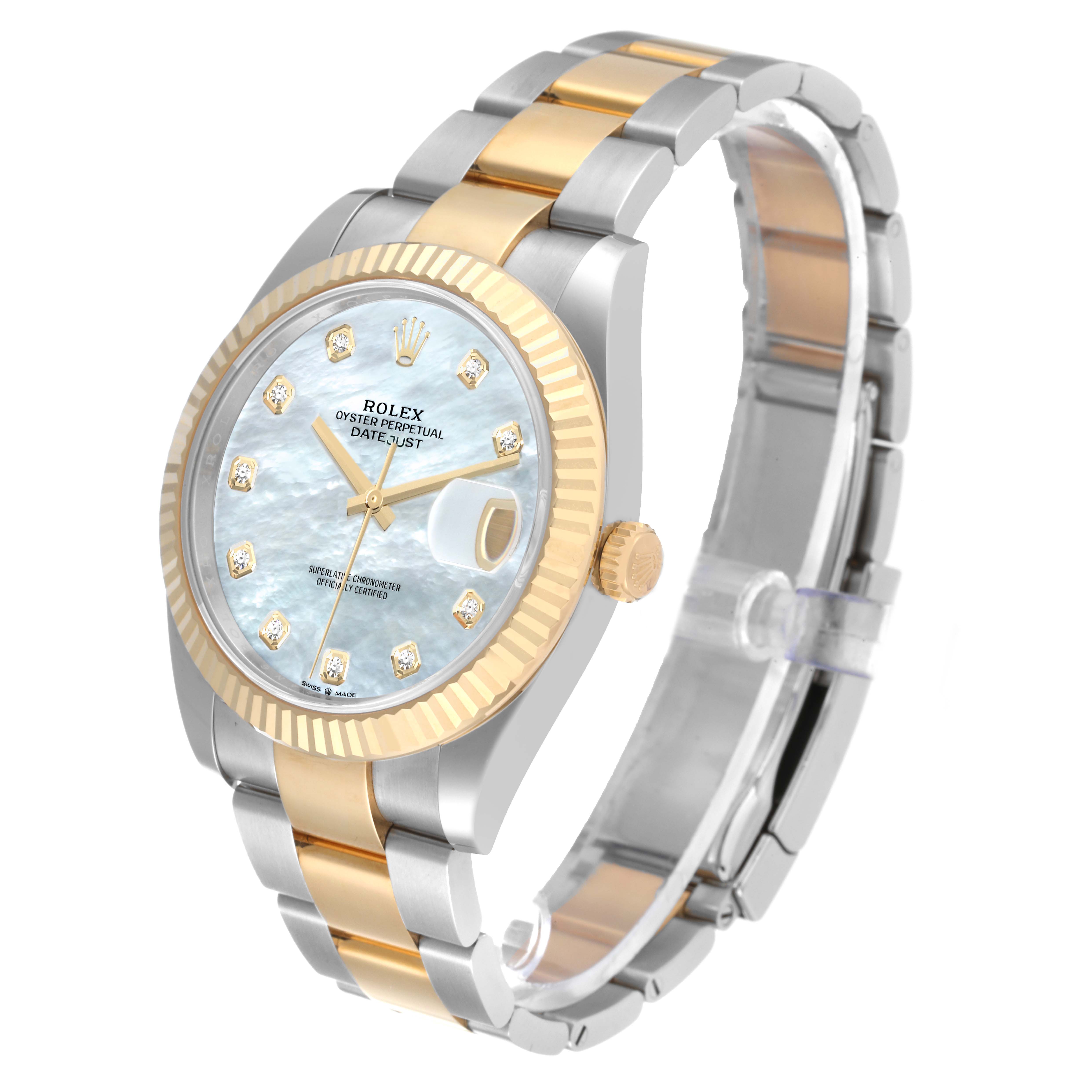 The image shows a Rolex Datejust 41 126333 Men's Steel and Gold (two tone) Mother of Pearl Dial 126333 Men's Steel and Gold (two tone) Mother of Pearl Dial watch from a three-quarter top-down angle, highlighting the dial, bezel, and bracelet.