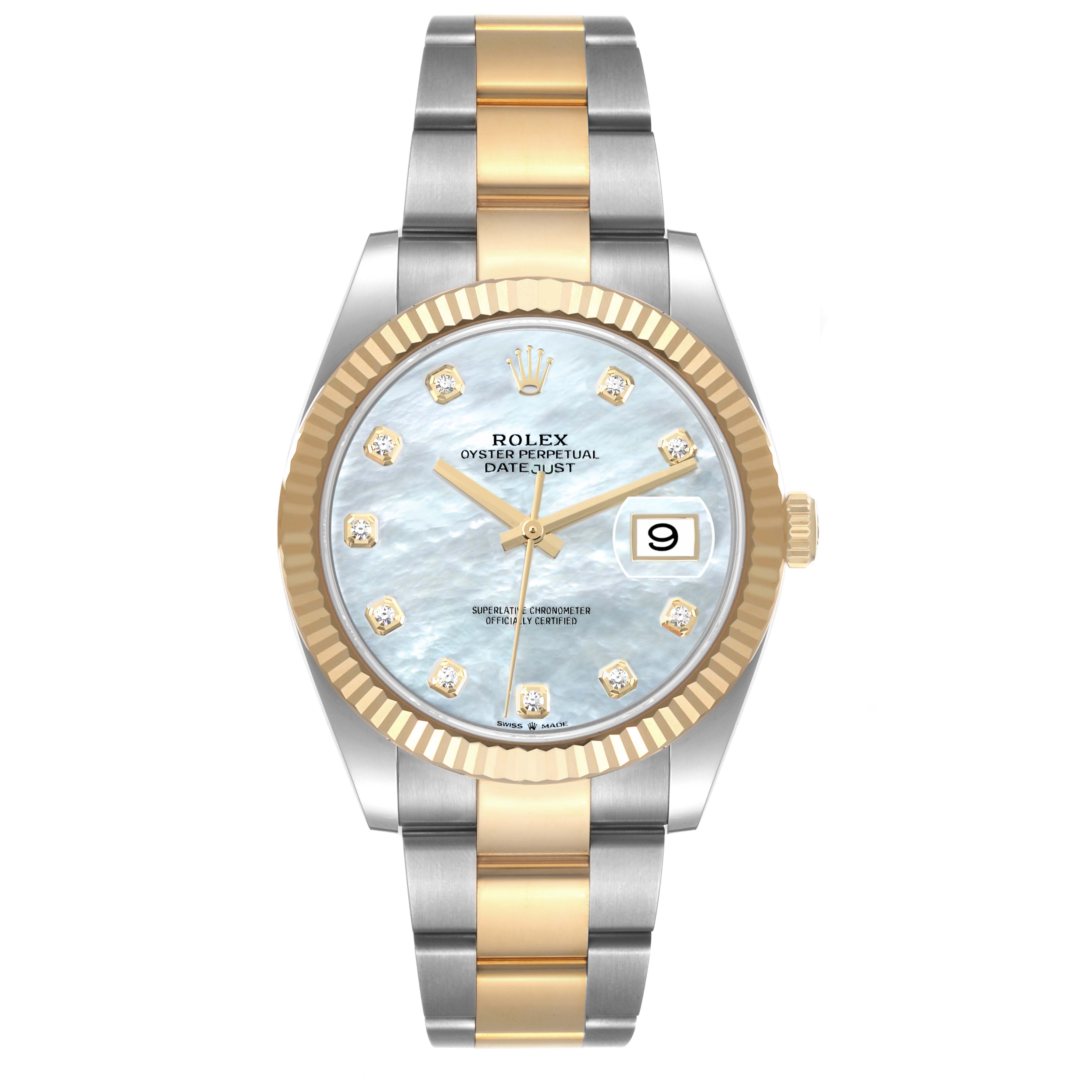 The image shows a Rolex Datejust 41 126333 Men's Steel and Gold (two tone) Mother of Pearl Dial 126333 Men's Steel and Gold (two tone) Mother of Pearl Dial watch from a frontal angle, highlighting the dial, bezel, and bracelet.