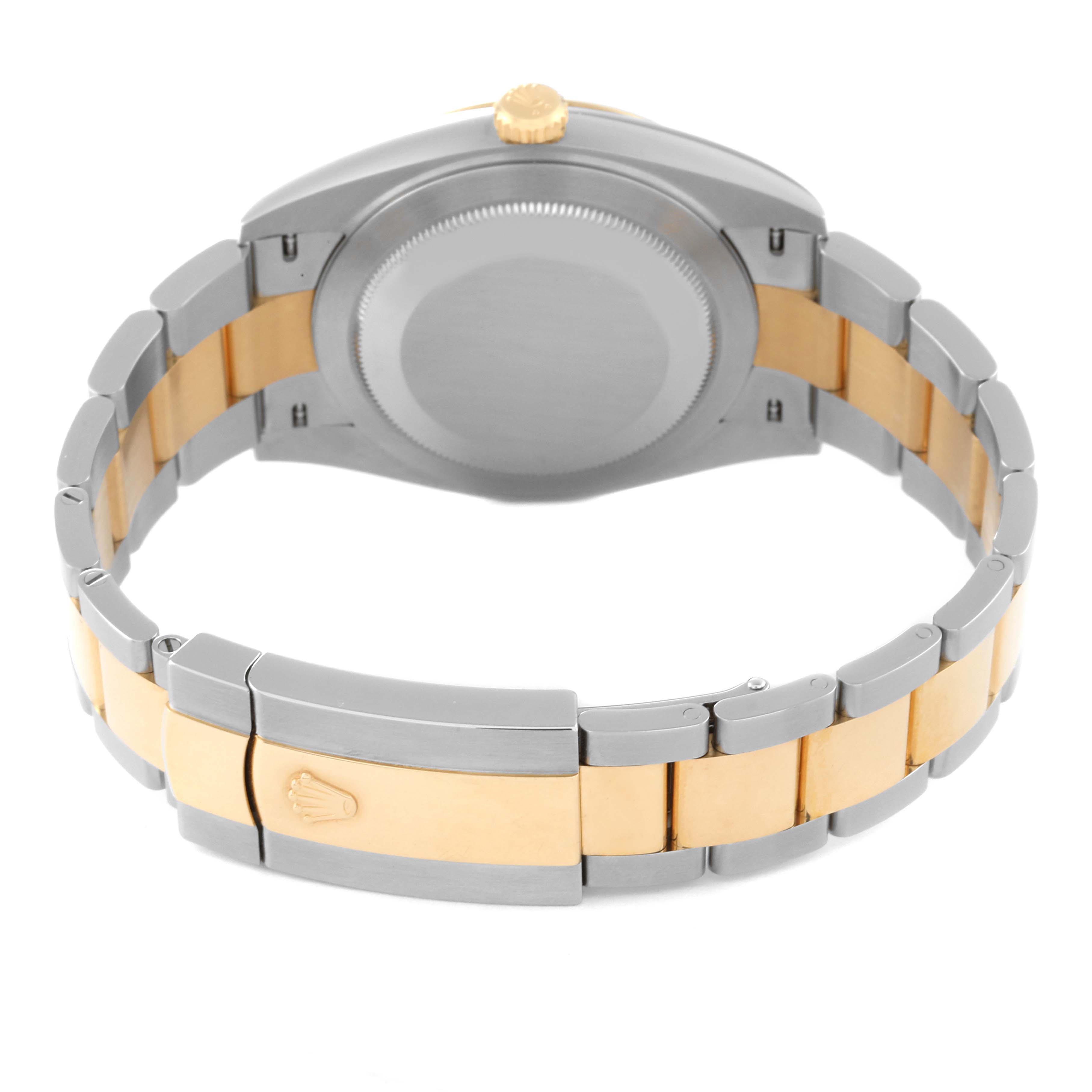 The image shows the back view of the Rolex Datejust 41 126333 Men's Steel and Gold (two tone) Mother of Pearl Dial 126333 Men's Steel and Gold (two tone) Mother of Pearl Dial, highlighting its two-tone bracelet and the clasp with the Rolex logo.