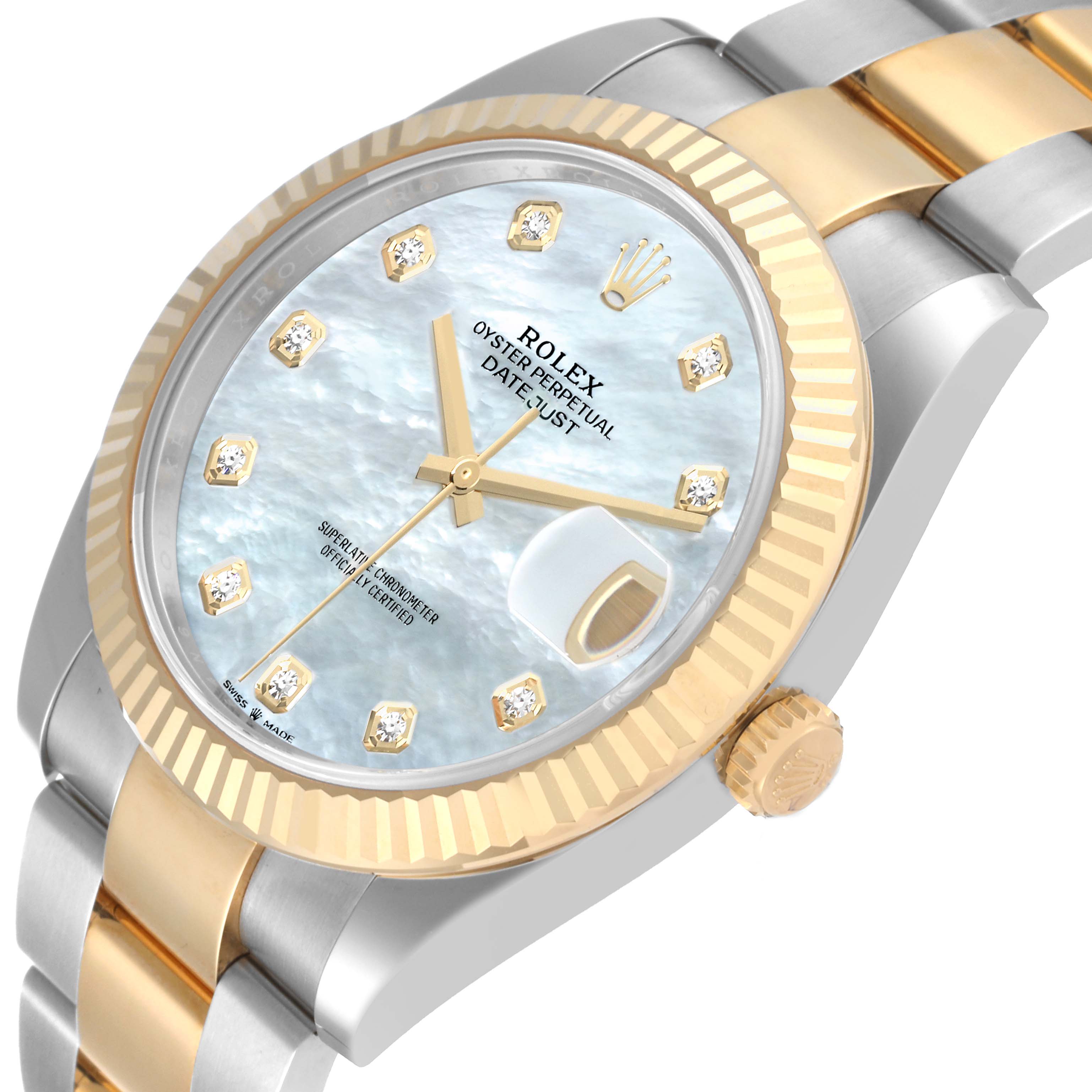 This image shows the Rolex Datejust 41 126333 Men's Steel and Gold (two tone) Mother of Pearl Dial 126333 Men's Steel and Gold (two tone) Mother of Pearl Dial at a slight angle, highlighting the bracelet, crown, dial, and date magnifier.