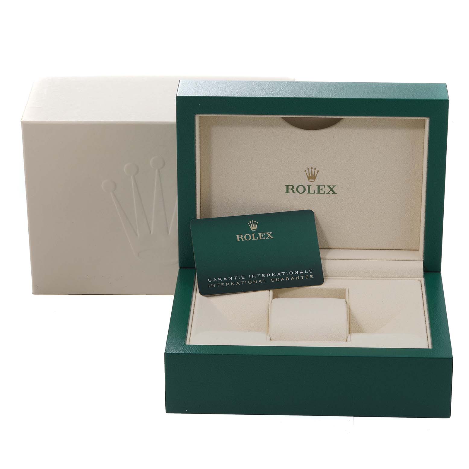 The image shows a Rolex Datejust 41 126333 Men's Steel and Gold (two tone) Mother of Pearl Dial 126333 Men's Steel and Gold (two tone) Mother of Pearl Dial packaging box from a front angle, including the international guarantee card and cushion slot.