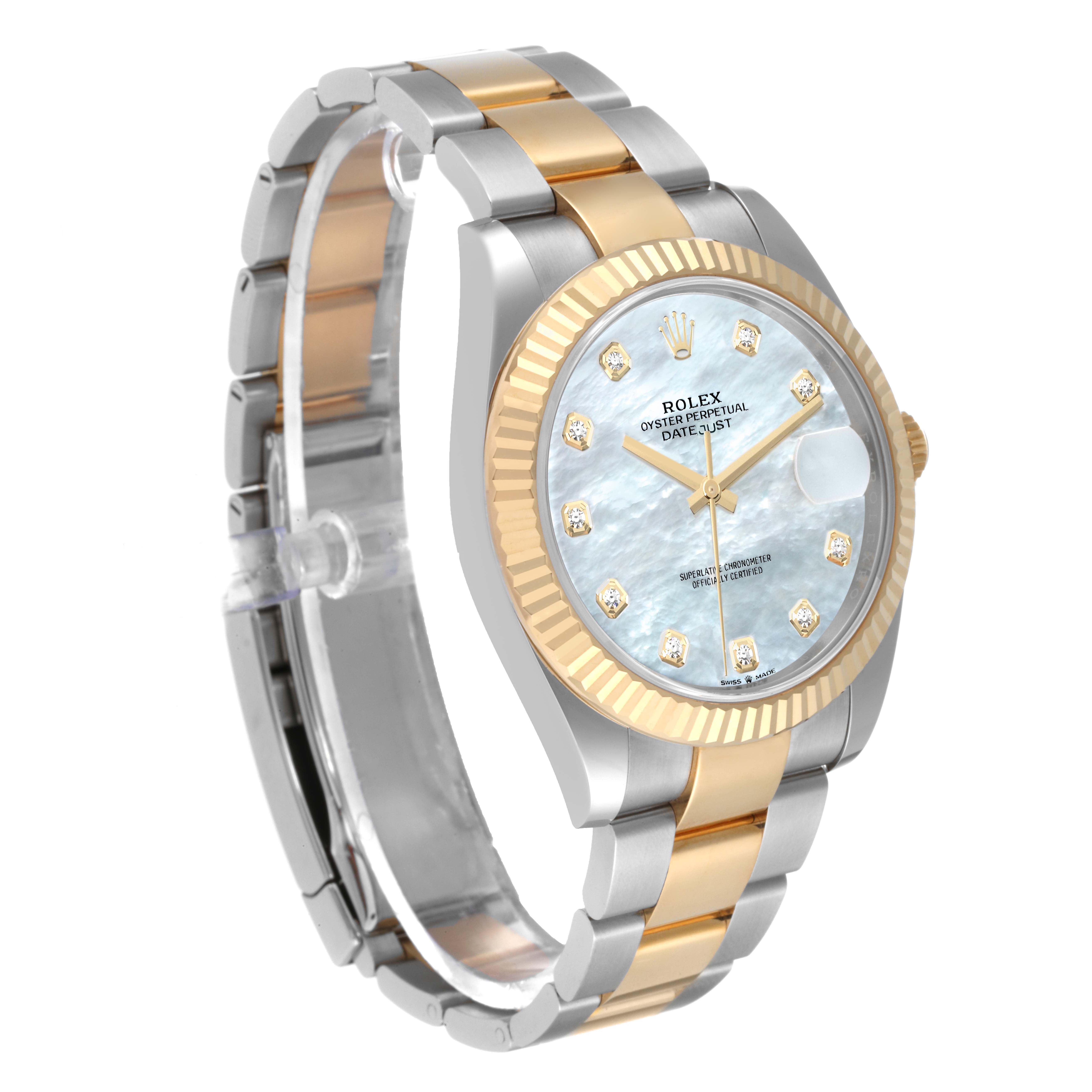 The image shows a Rolex Datejust 41 126333 Men's Steel and Gold (two tone) Mother of Pearl Dial 126333 Men's Steel and Gold (two tone) Mother of Pearl Dial watch from a three-quarter angle, highlighting the face, bezel, and bracelet.