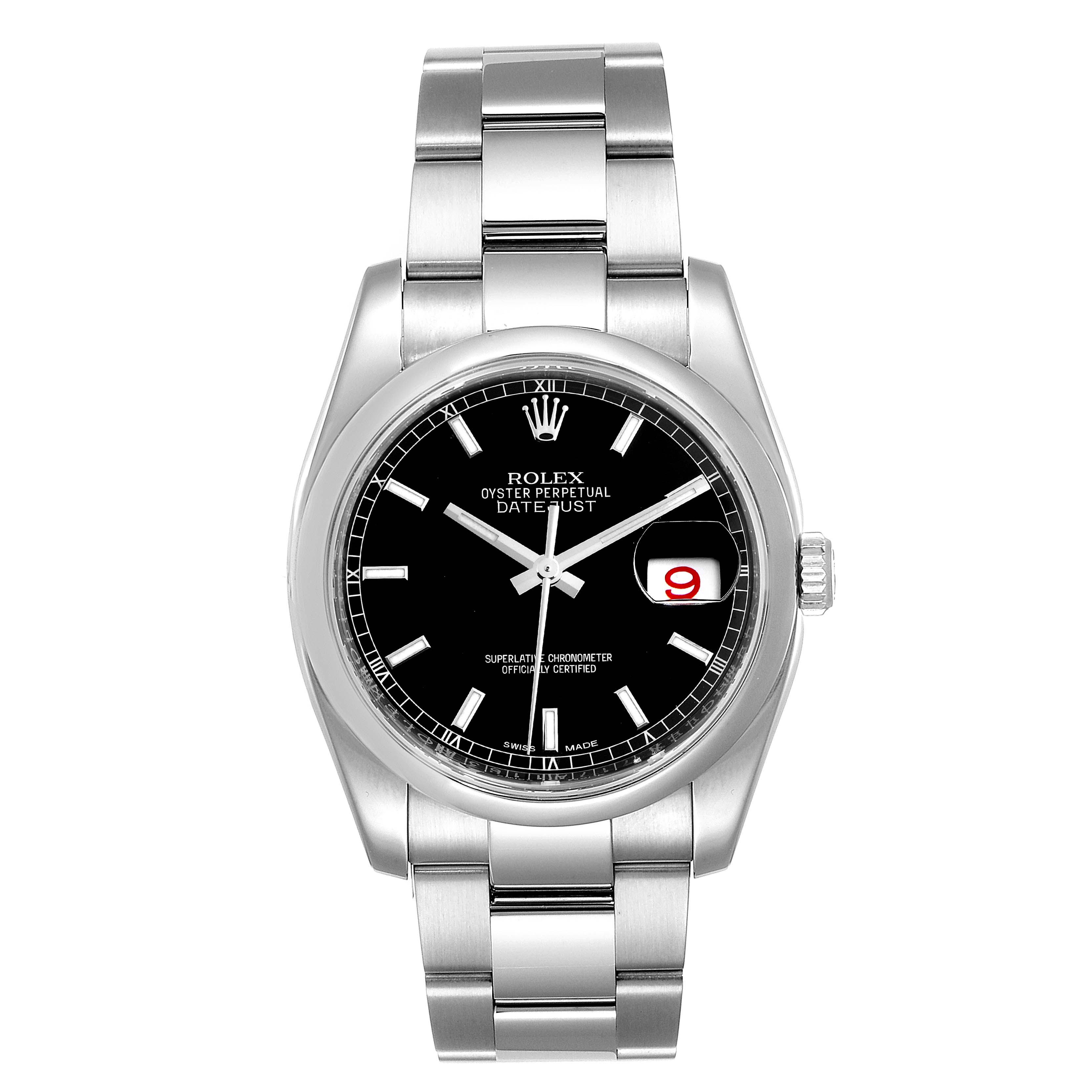This image shows a front view of a Rolex Datejust 116200  Men's Stainless Steel Black Dial 116200  Men's Stainless Steel Black Dial watch, featuring the dial, bezel, and bracelet.
