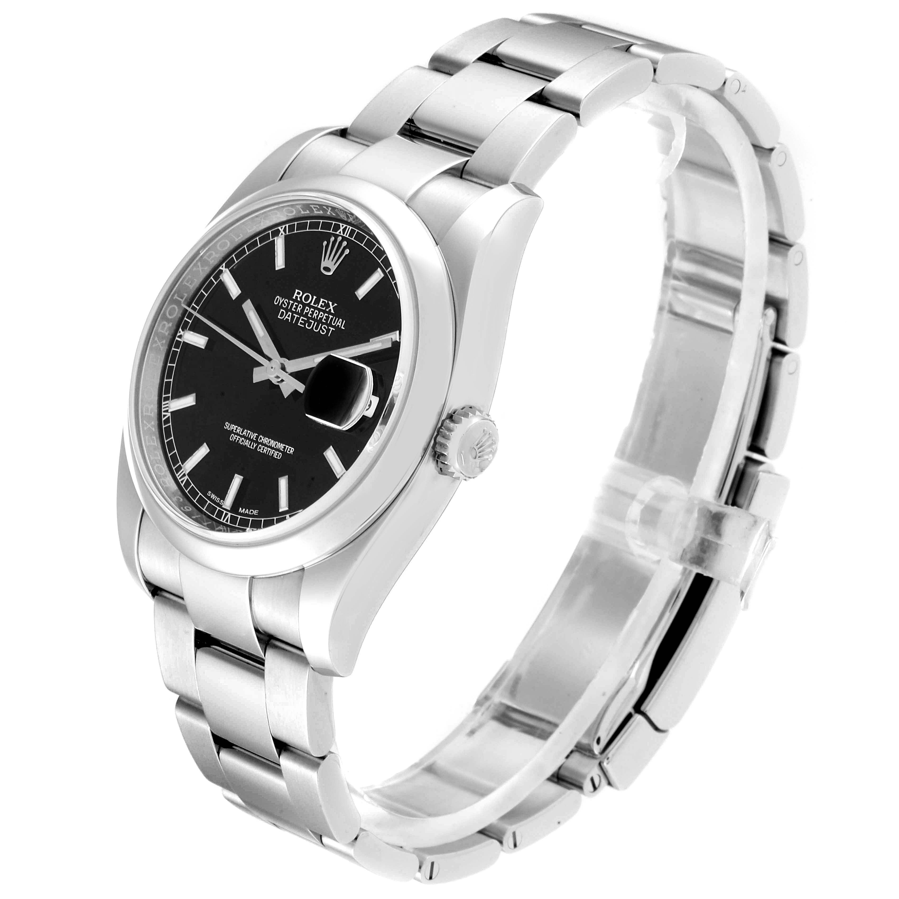 The Rolex Datejust 116200  Men's Stainless Steel Black Dial 116200  Men's Stainless Steel Black Dial model is shown at a slight angle showcasing the watch face, case, crown, and metal bracelet.
