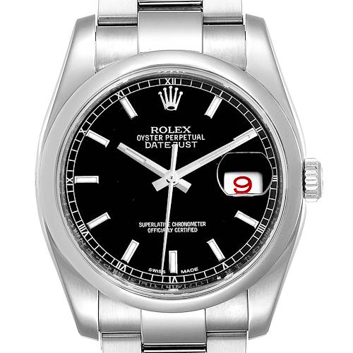 Photo of Rolex Datejust Black Baton Dial Steel Mens Watch 116200 Box Card