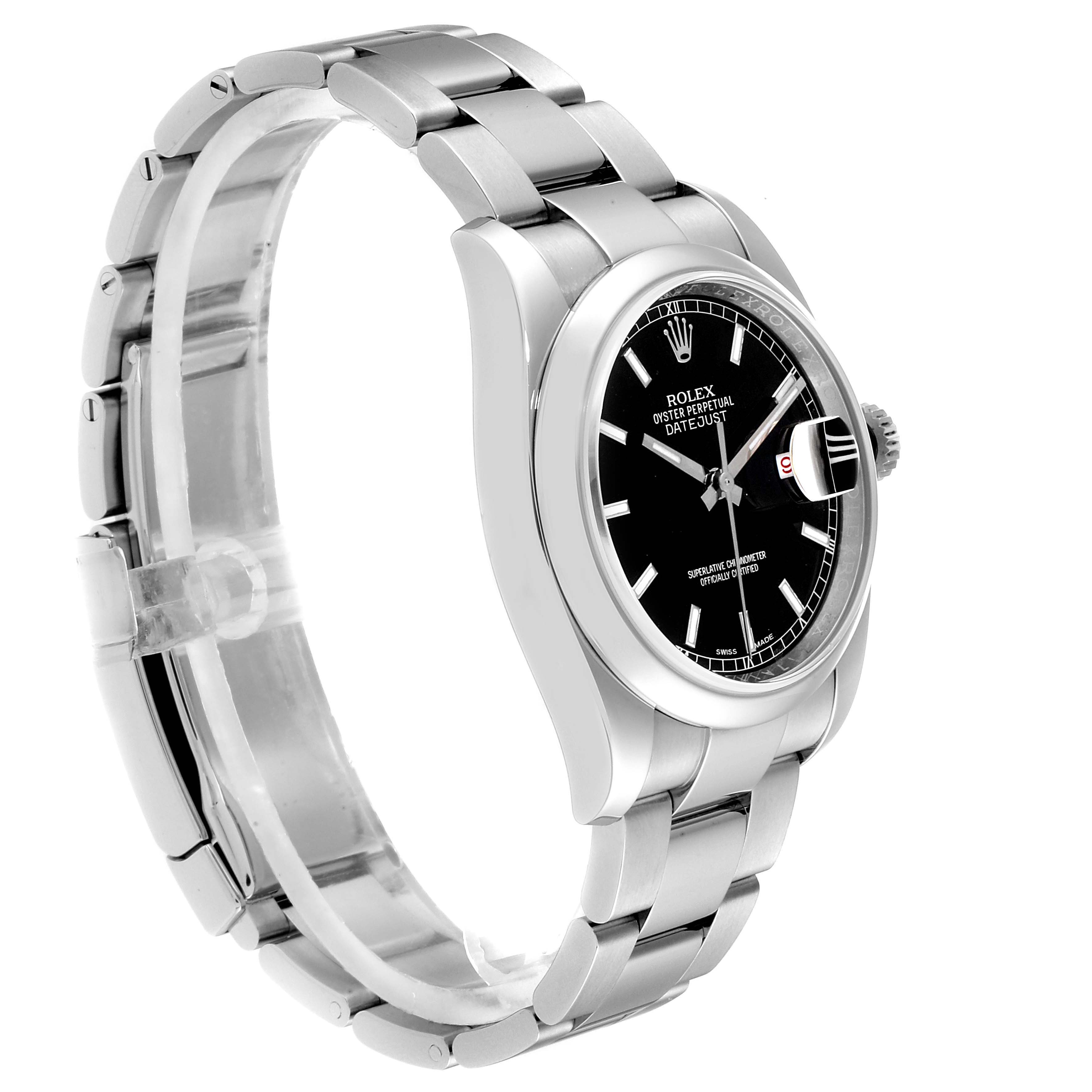 The image shows a side view of a Rolex Datejust 116200  Men's Stainless Steel Black Dial 116200  Men's Stainless Steel Black Dial watch highlighting the bracelet, case, and black dial.