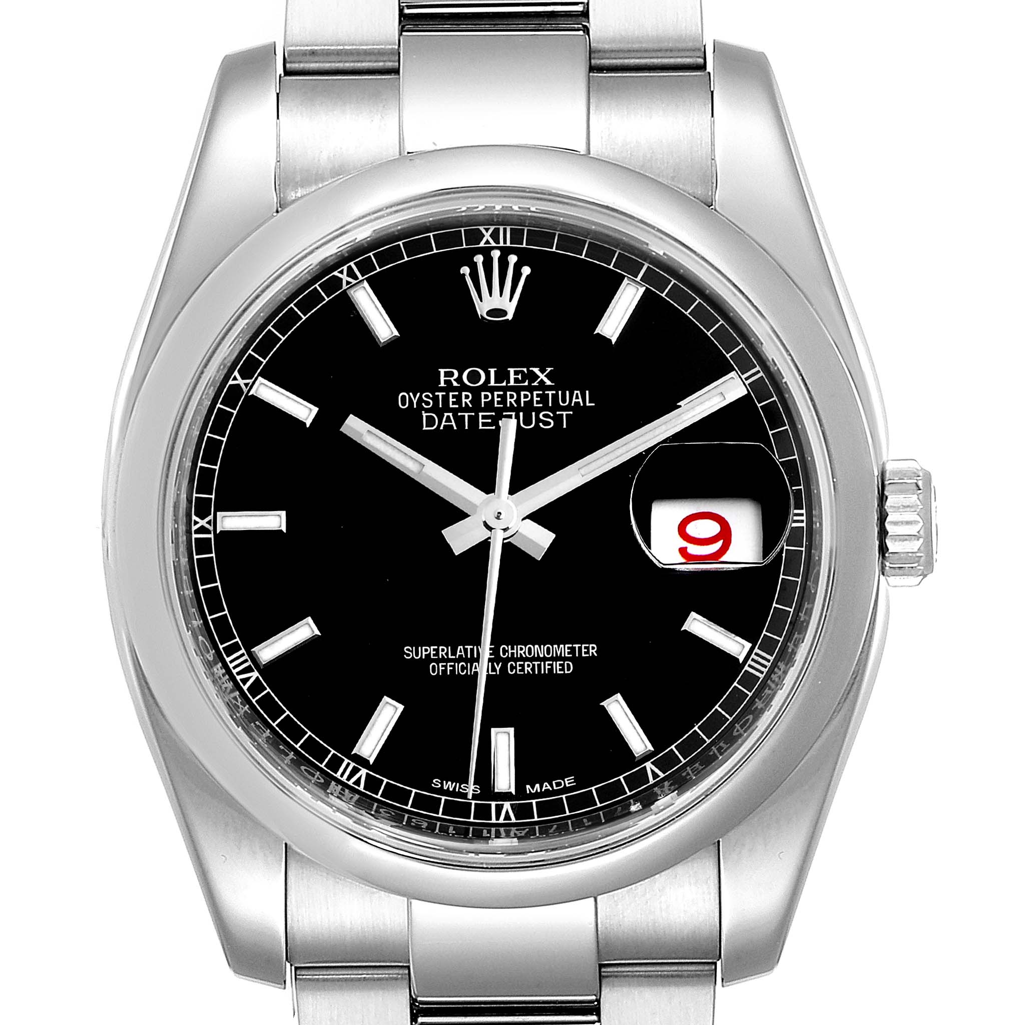 The image shows a front view of a Rolex Datejust 116200  Men's Stainless Steel Black Dial 116200  Men's Stainless Steel Black Dial watch with its black dial, date window, and stainless steel bracelet.