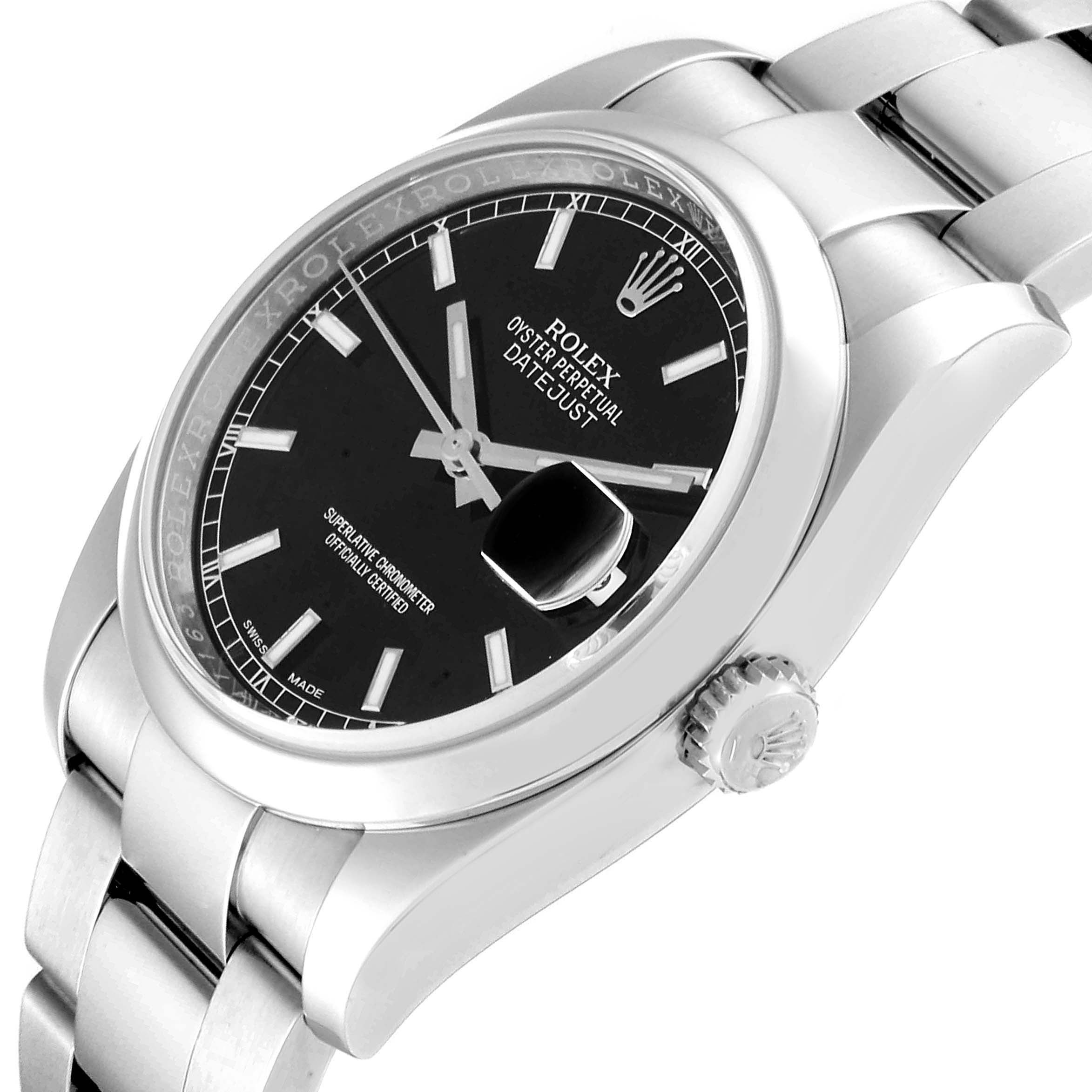 The image shows a side and partial front angle of the Rolex Datejust 116200  Men's Stainless Steel Black Dial 116200  Men's Stainless Steel Black Dial watch, highlighting the dial, crown, and part of the bracelet.