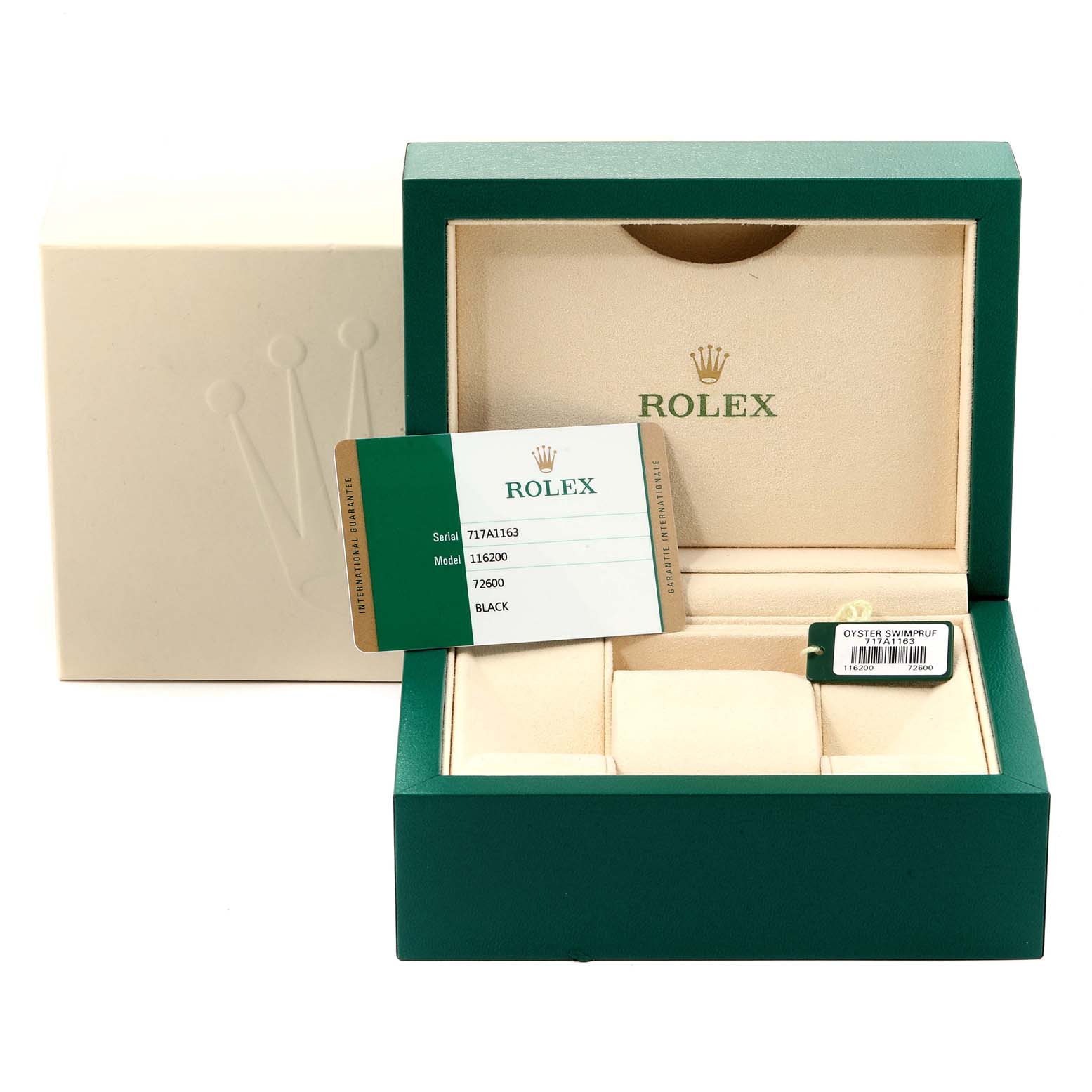 This image shows the packaging for a Rolex Datejust 116200  Men's Stainless Steel Black Dial 116200  Men's Stainless Steel Black Dial, including the open green box, cardholder, and tags.
