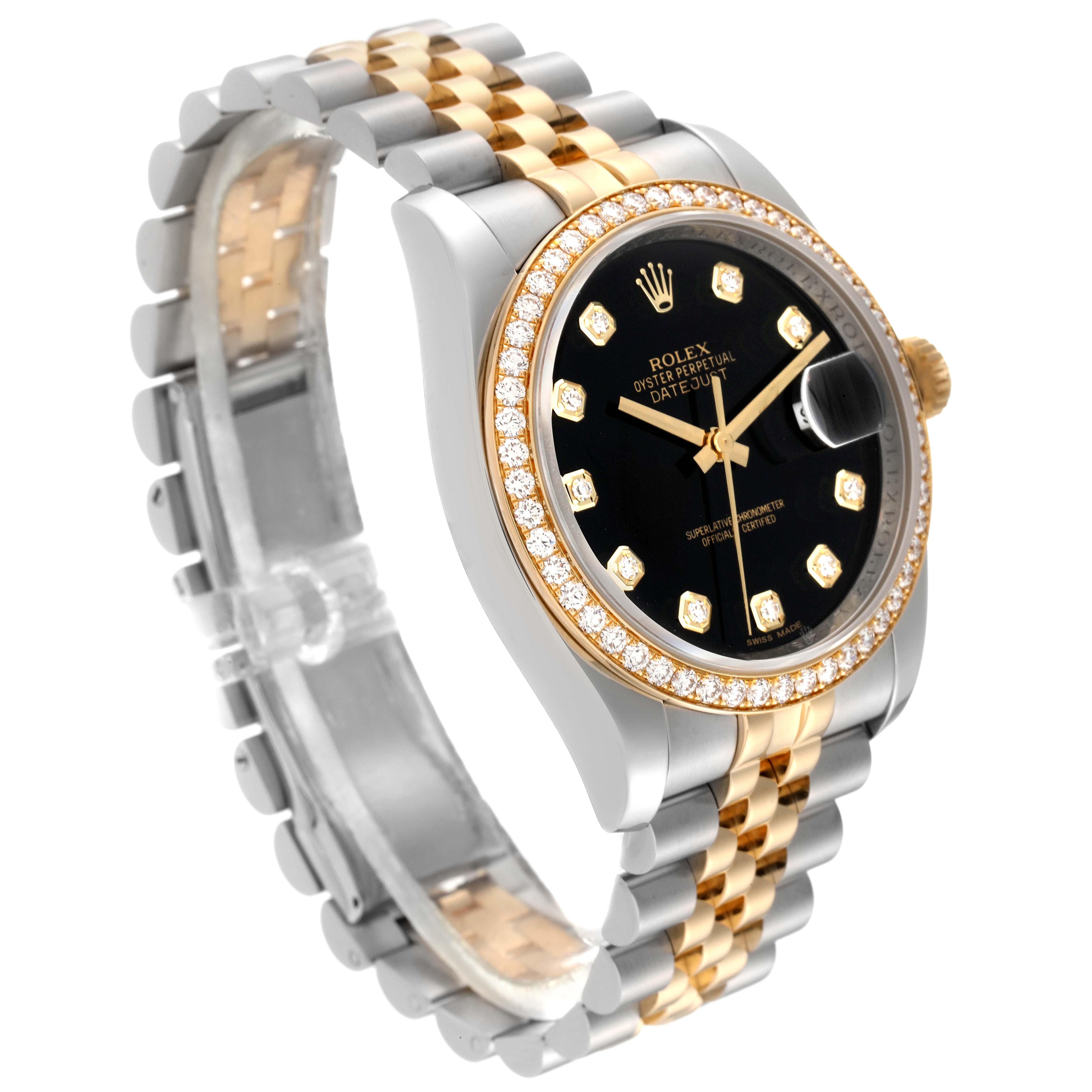 The Rolex Datejust 116243 Men's Steel and Gold (two tone) Black Dial 116243 Men's Steel and Gold (two tone) Black Dial watch is shown at a three-quarter angle, highlighting the dial, bezel, and bracelet.