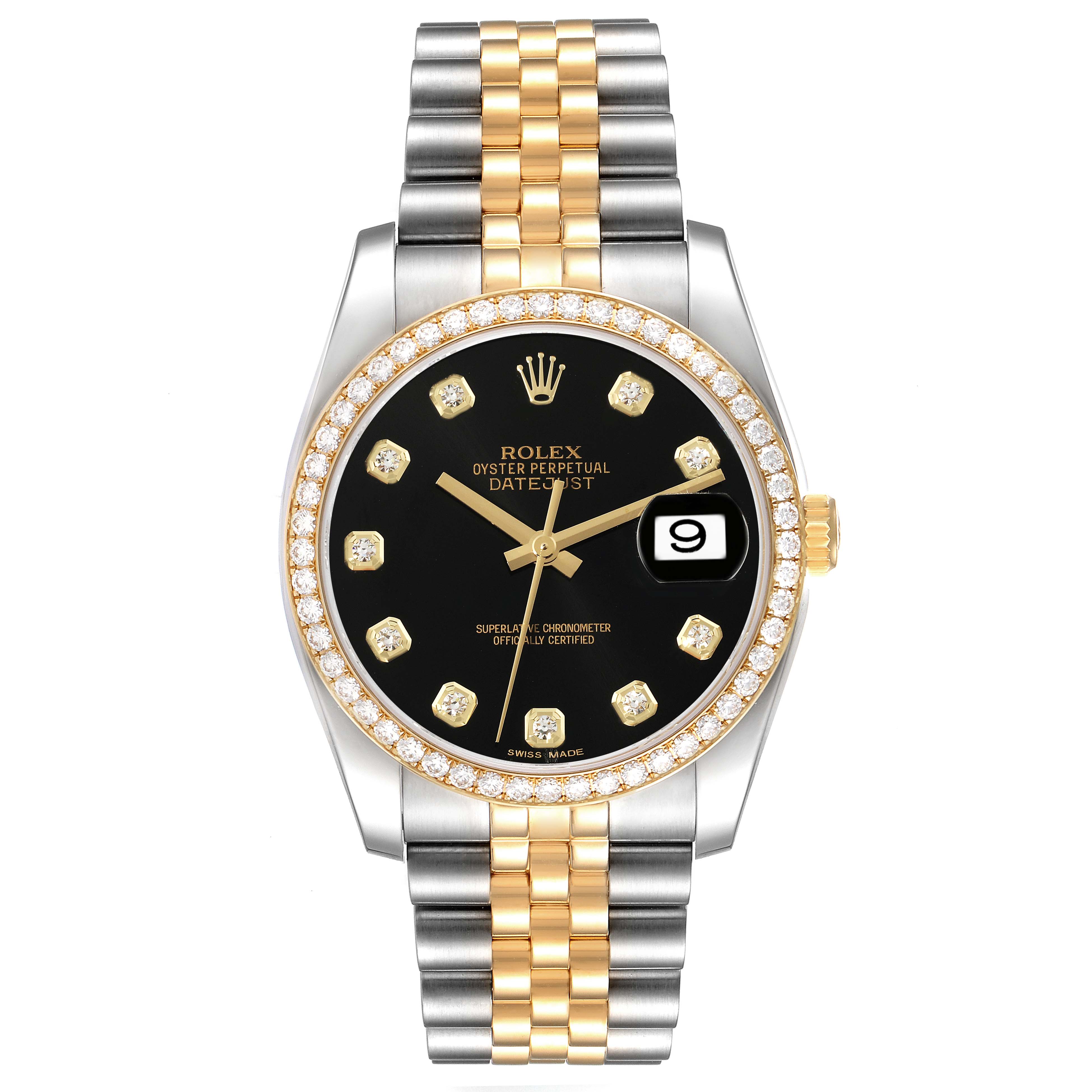 This image shows a frontal view of a Rolex Datejust 116243 Men's Steel and Gold (two tone) Black Dial 116243 Men's Steel and Gold (two tone) Black Dial watch, highlighting the black dial, diamond hour markers, and bi-metal bracelet.