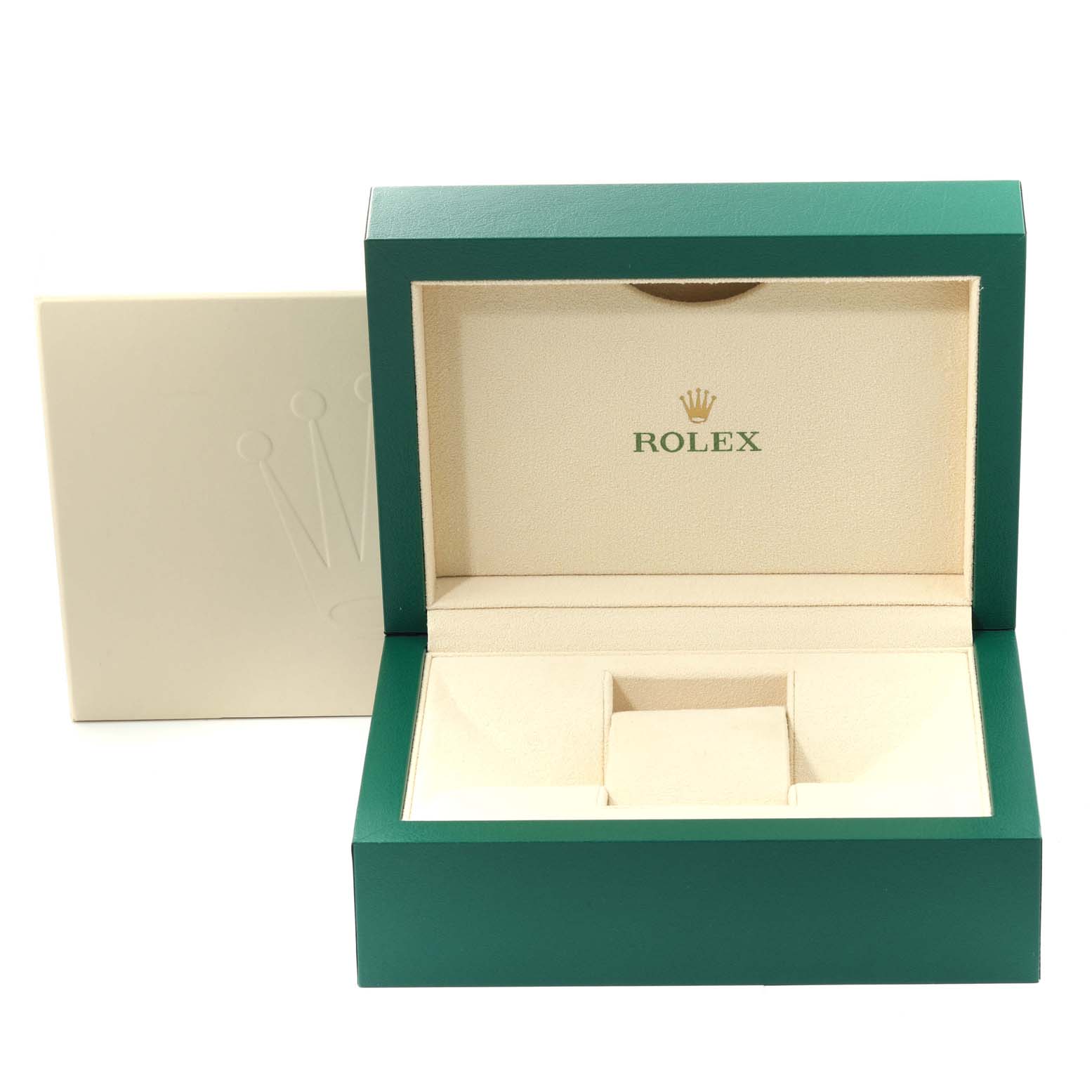 This image shows an open green and beige Rolex Datejust 116243 Men's Steel and Gold (two tone) Black Dial 116243 Men's Steel and Gold (two tone) Black Dial watch box with the Rolex logo inside the lid.