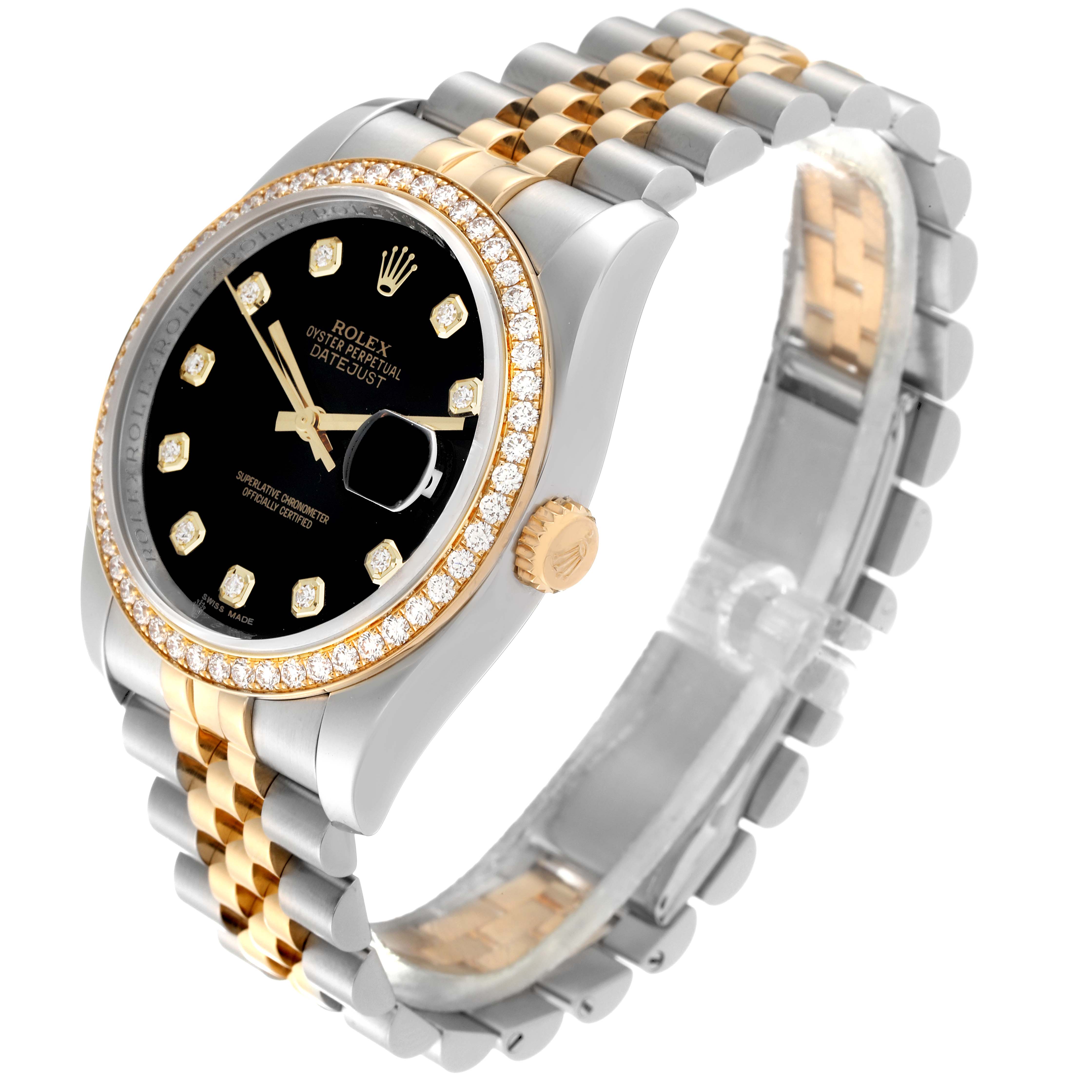 The Rolex Datejust 116243 Men's Steel and Gold (two tone) Black Dial 116243 Men's Steel and Gold (two tone) Black Dial watch is shown at a three-quarter angle, displaying the face, bezel, crown, and bracelet.