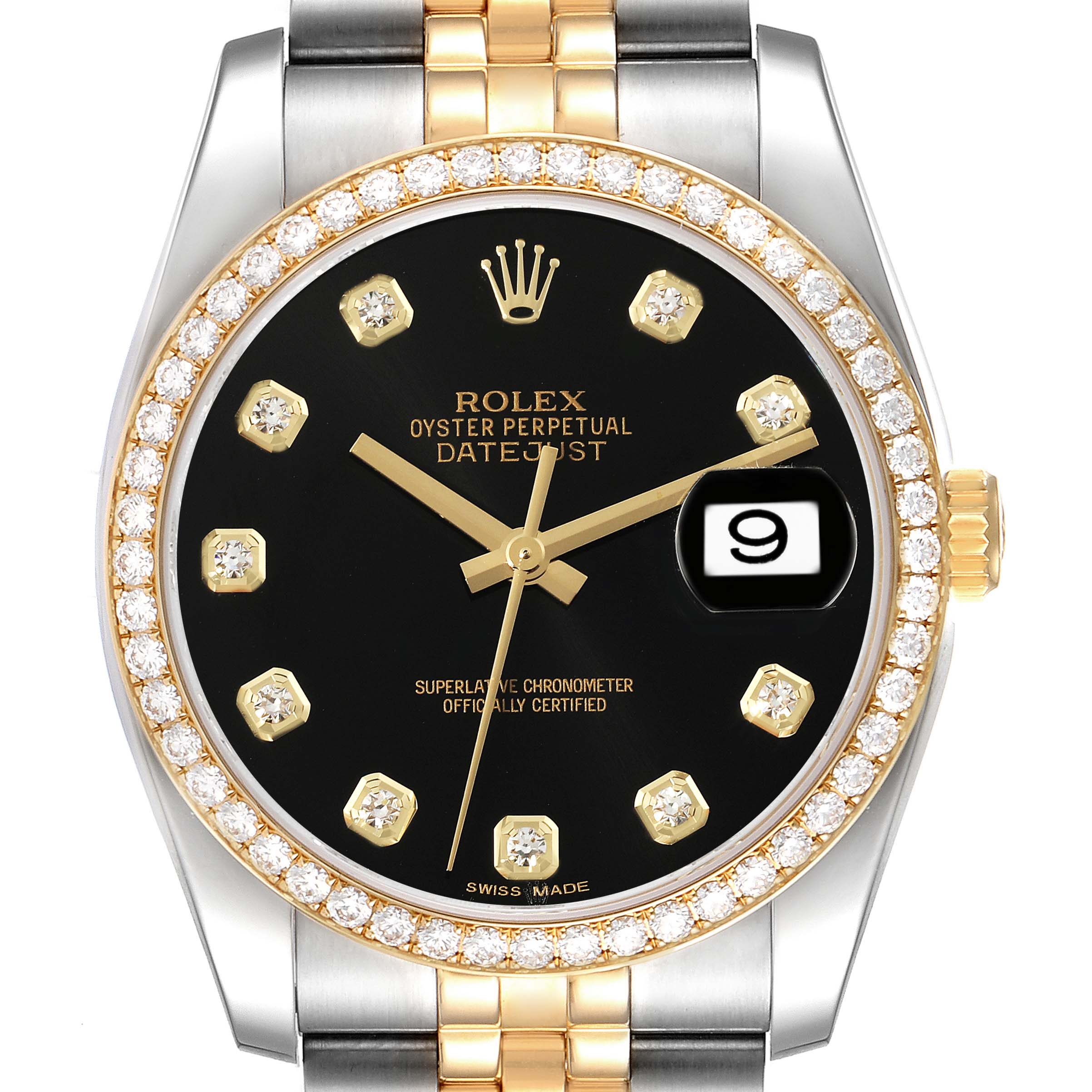 This Rolex Datejust 116243 Men's Steel and Gold (two tone) Black Dial 116243 Men's Steel and Gold (two tone) Black Dial watch is shown from a front angle, highlighting its black dial, gold hands, diamond hour markers, date window, and diamond bezel.