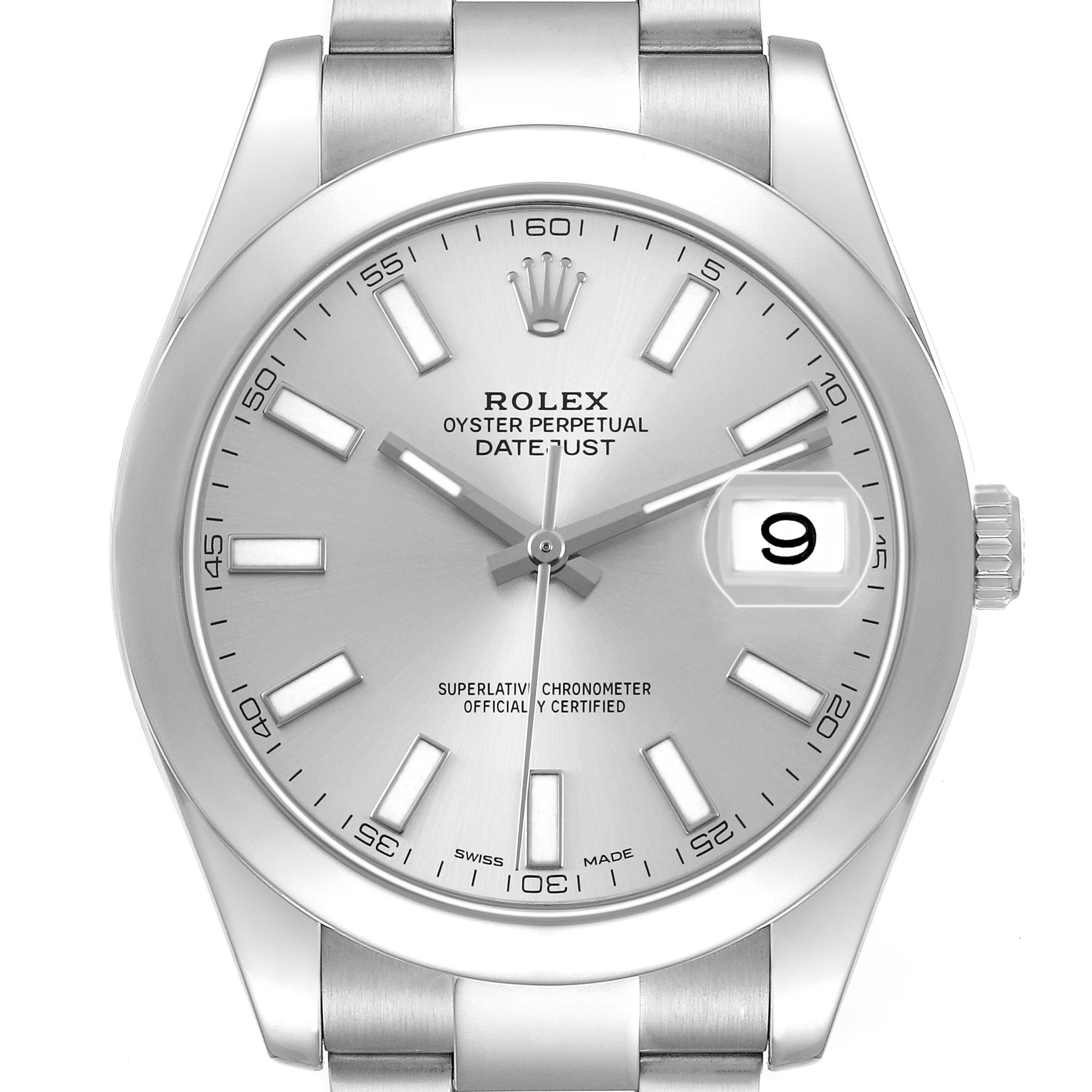The Rolex Datejust 41 116300 Men's Stainless Steel Silver Dial watch is shown from the front, displaying its dial, hour markers, hands, and date window.
