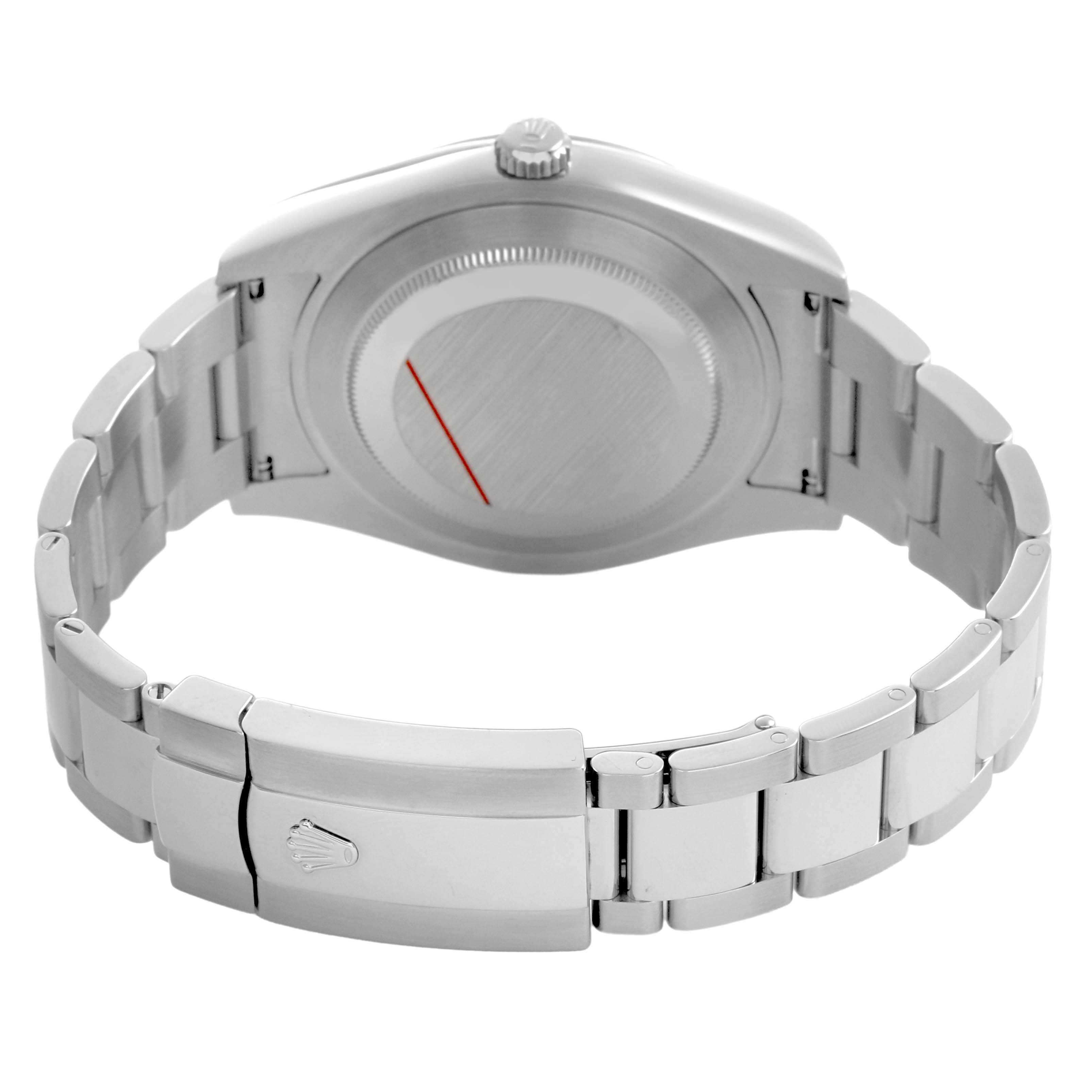 The image shows the back of the Rolex Datejust 41 116300 Men's Stainless Steel Silver Dial, highlighting the case back, crown, and bracelet clasp.