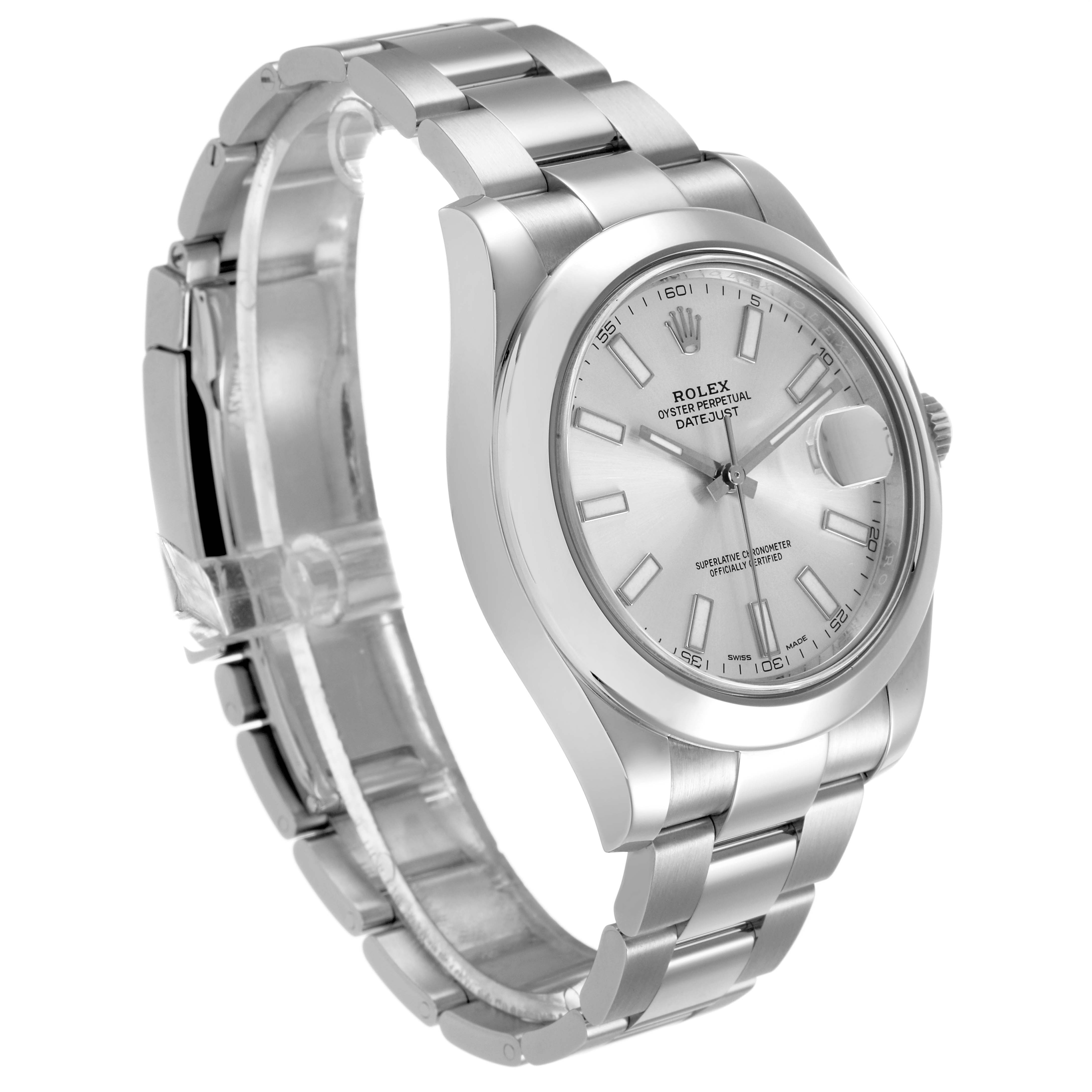 The Rolex Datejust 41 116300 Men's Stainless Steel Silver Dial watch is shown at a three-quarter angle highlighting its silver dial, bracelet, and case.